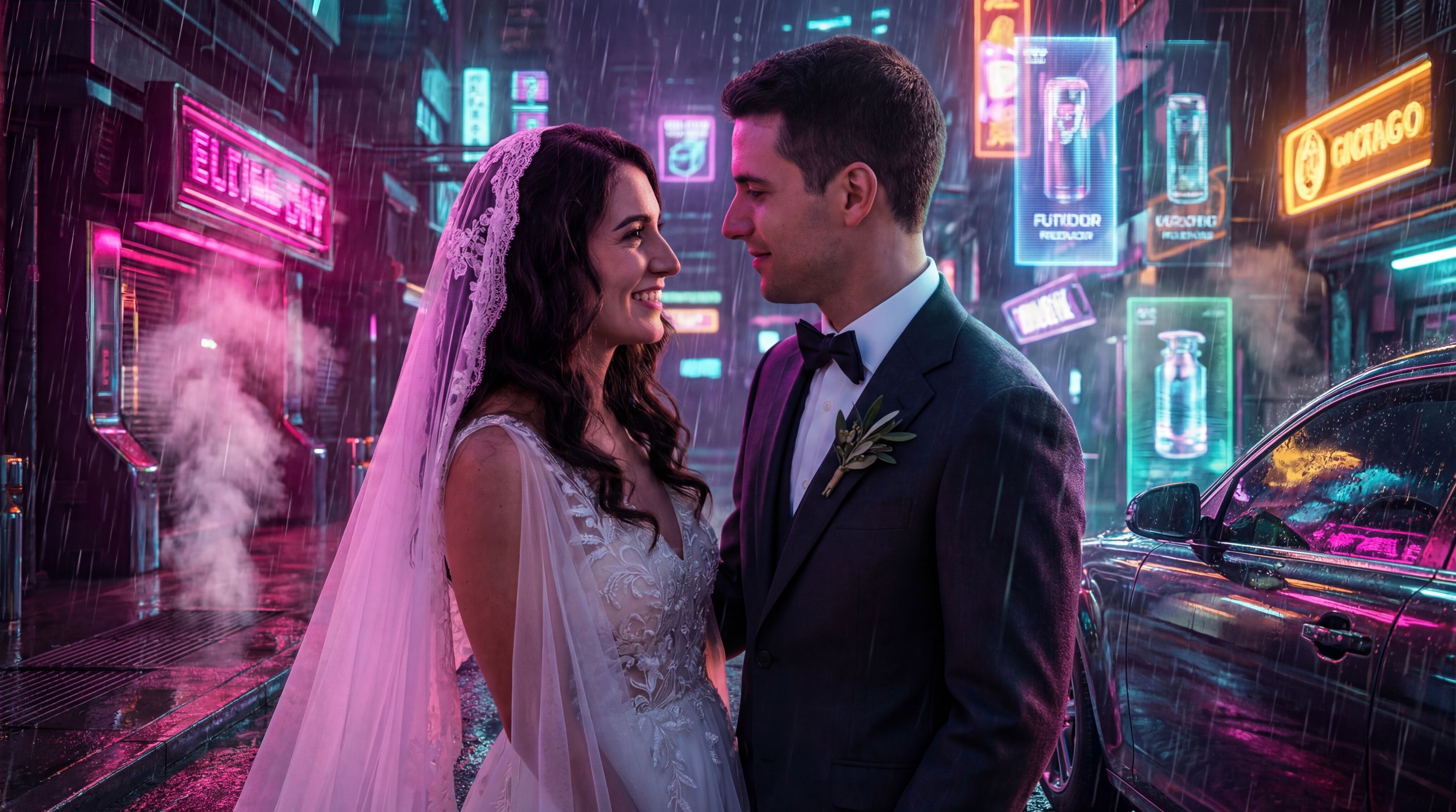 Concetto di fotografia di matrimonio Cyberpunk / Futuristic