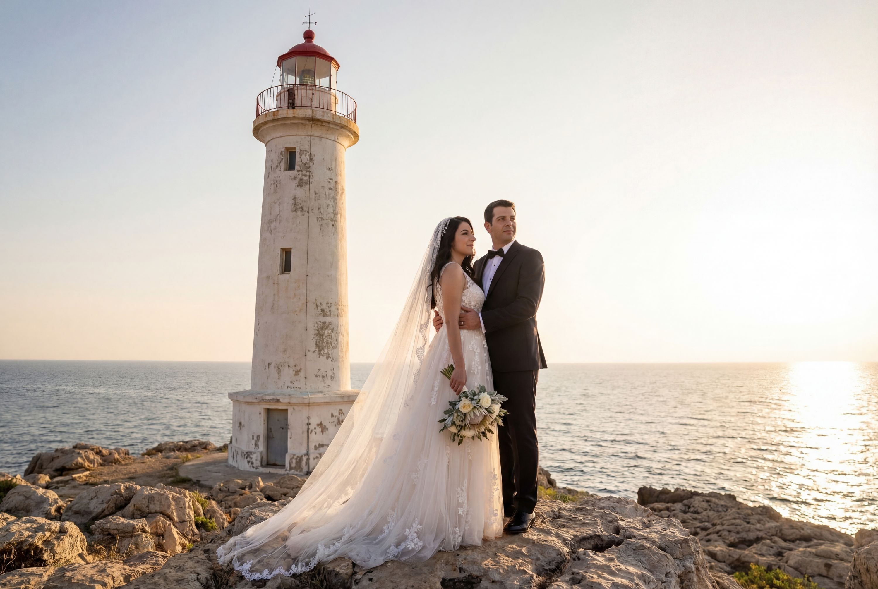Latakia wedding photography — couple at Mediterranean Corniche with coastal sunset