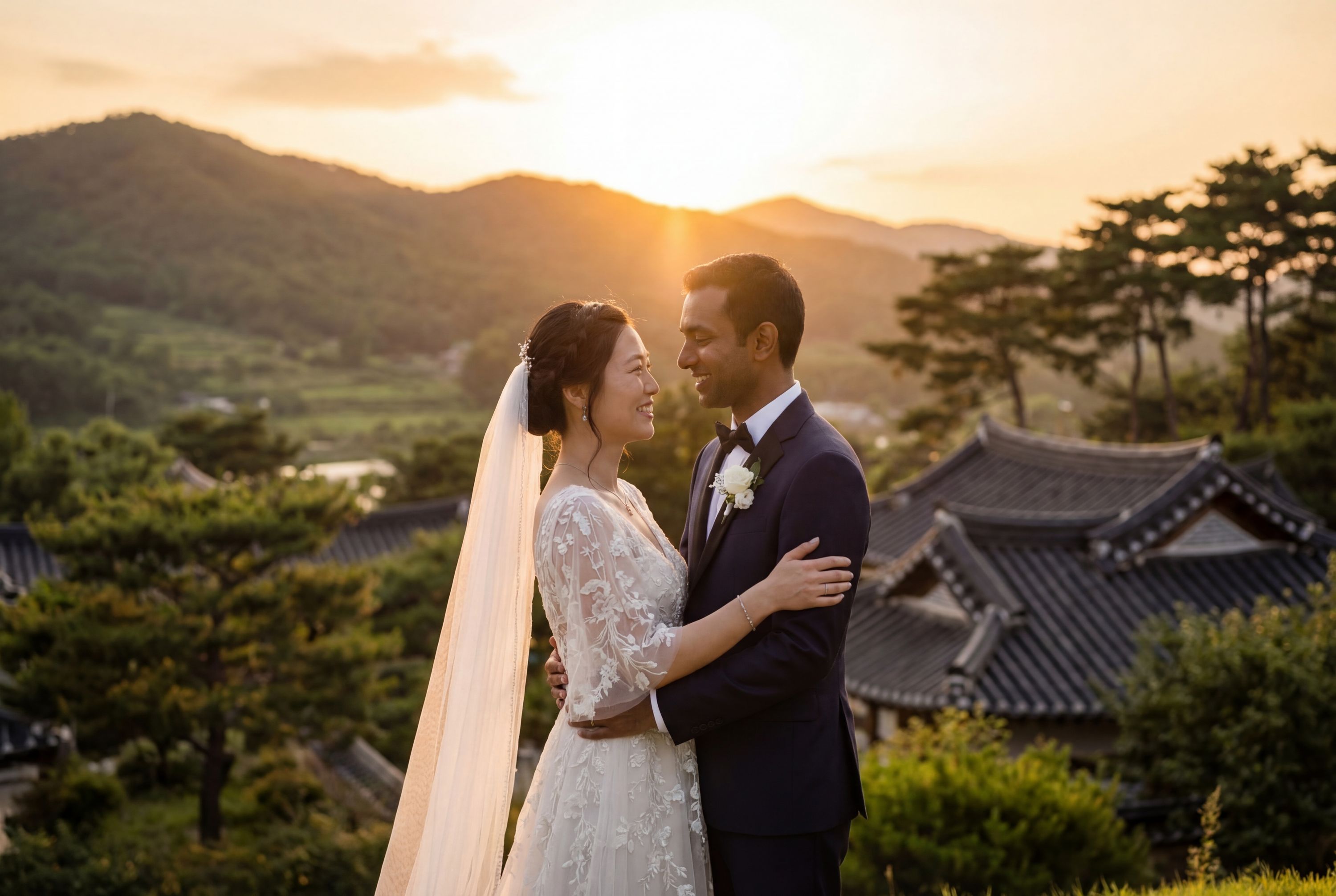 Kaesong wedding photography — couple at Koryo Museum with ancient Korean pavilions
