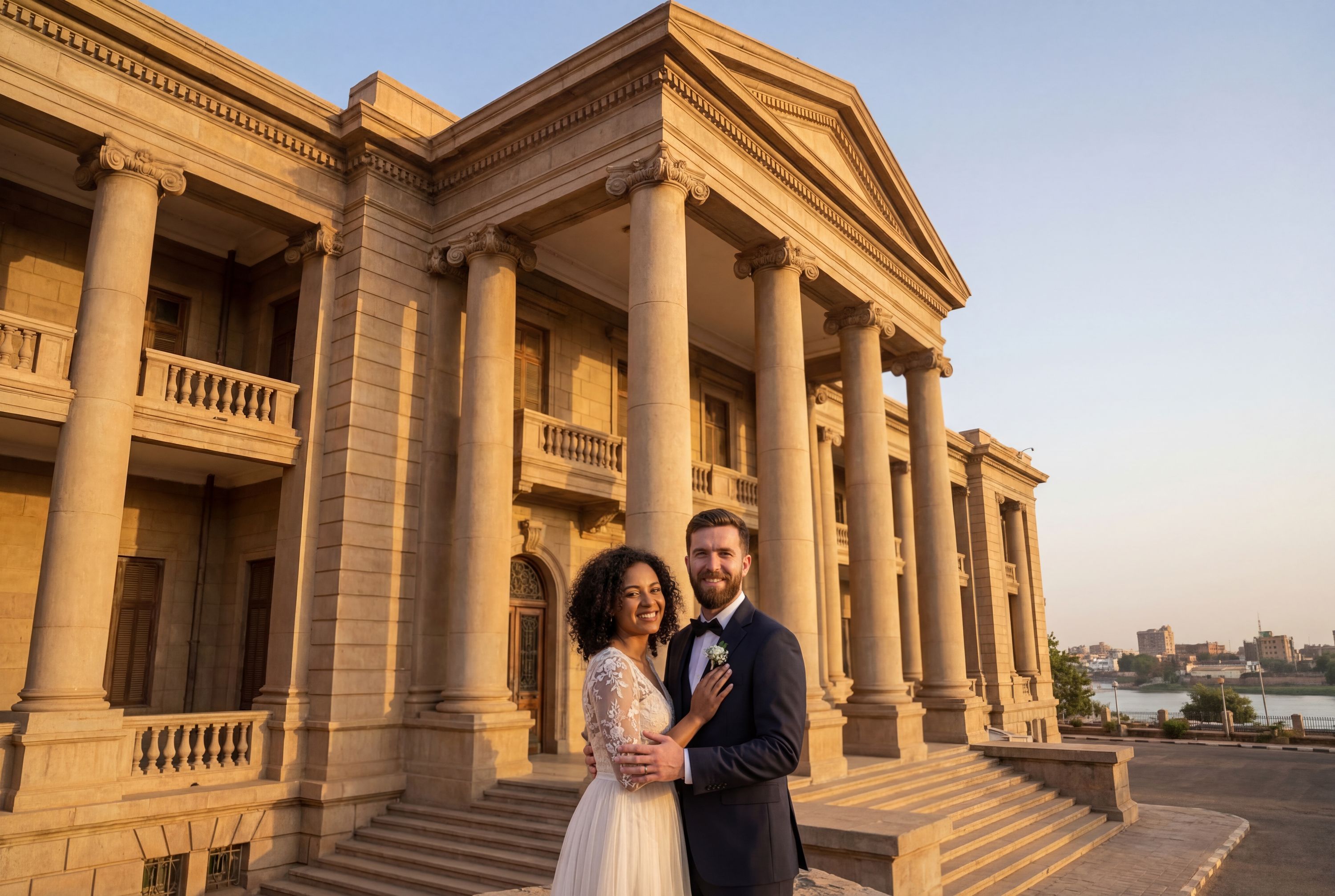 Khartoum wedding photography — couple at the confluence of the Blue and White Nile with Sudanese skyline