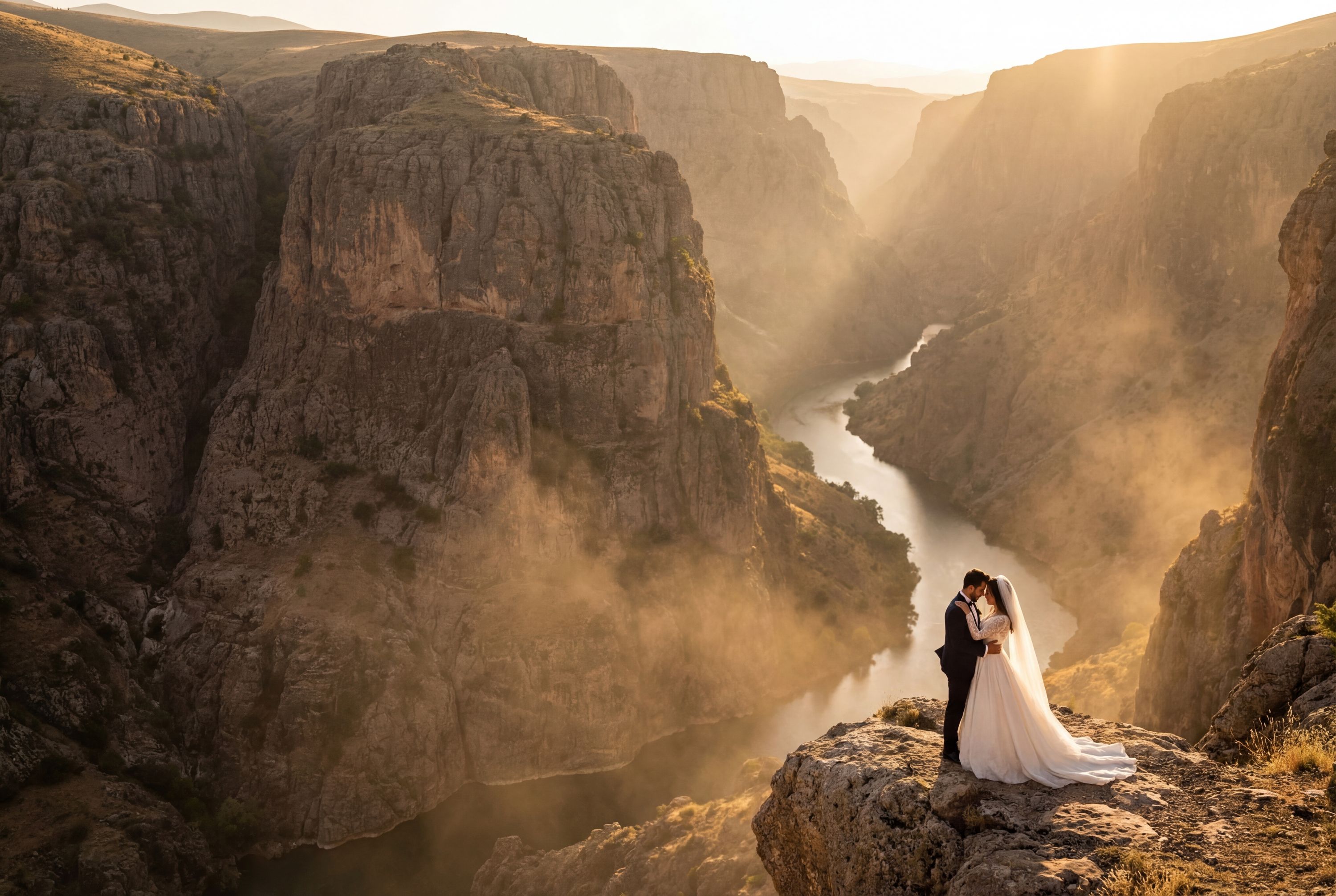 Karaman wedding photography — couple at Binbirkilise ancient ruins with Karadağ volcanic landscape