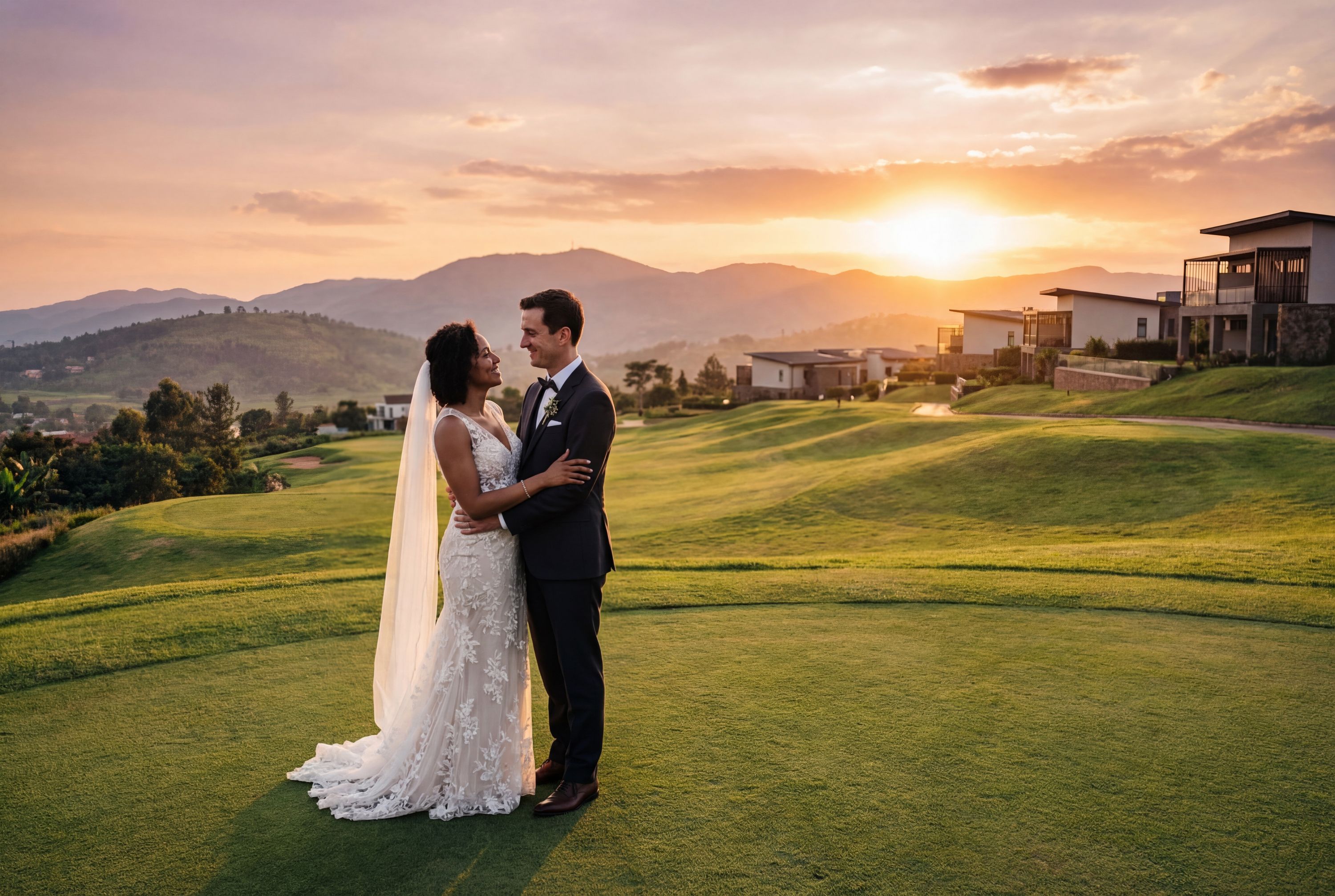 Kigali wedding photography — couple with panoramic thousand hills backdrop at sunset