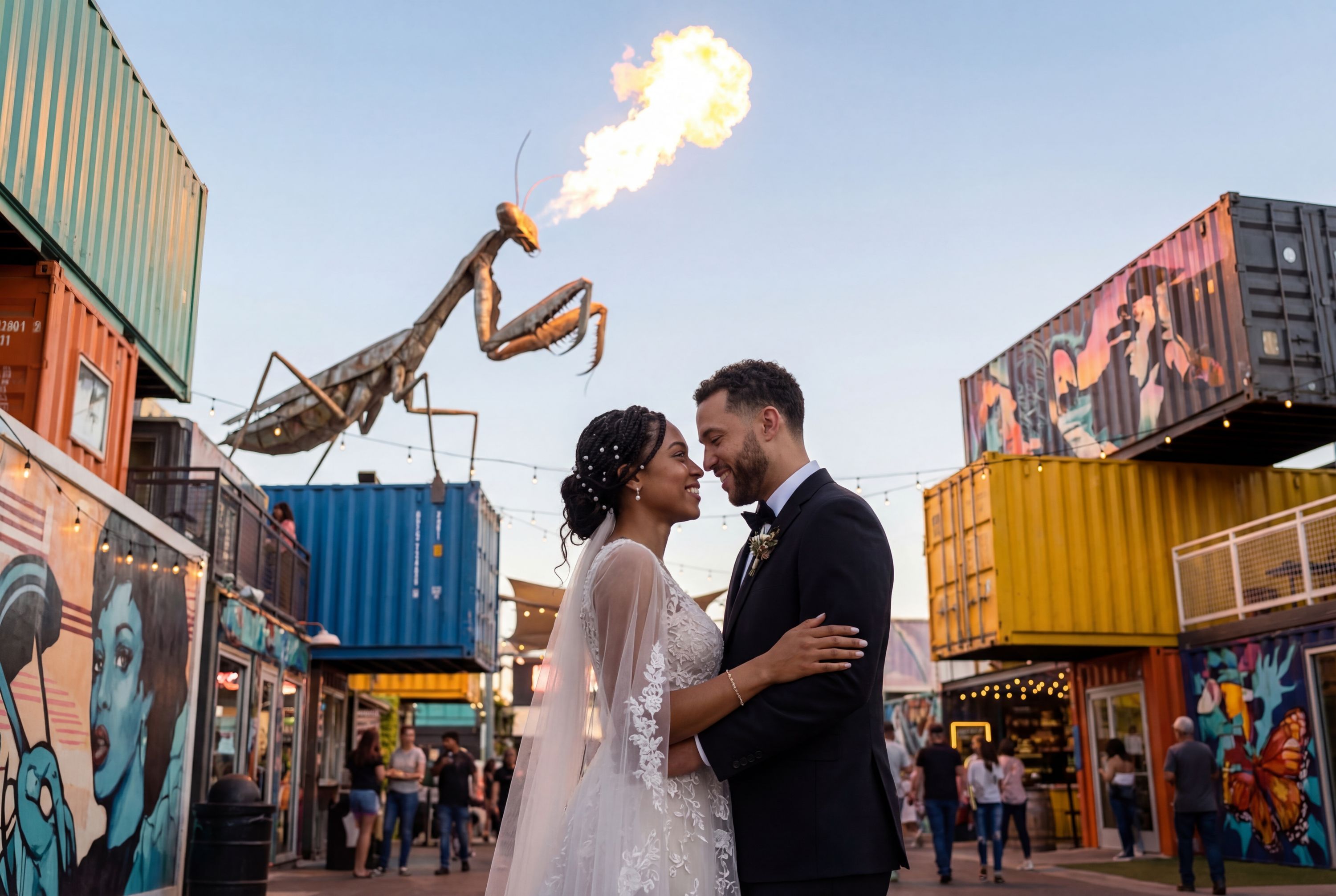 Las Vegas wedding photography — couple at Bellagio Fountains with Strip lights