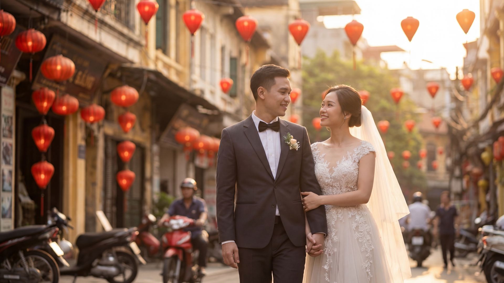Hanoi wedding photography — couple at the iconic Hoan Kiem Lake