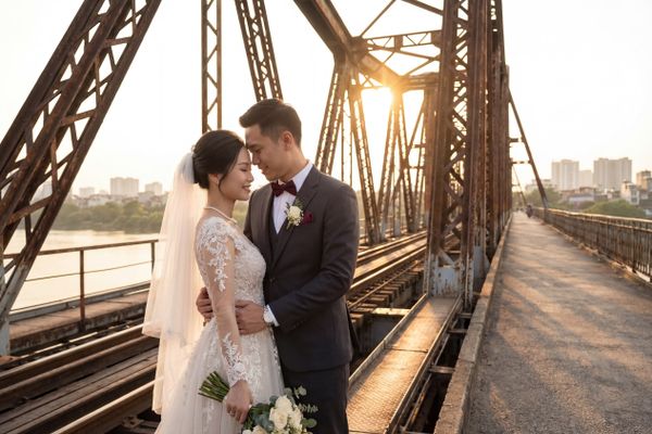 Wedding photography at Long Bien Bridge, Hanoi