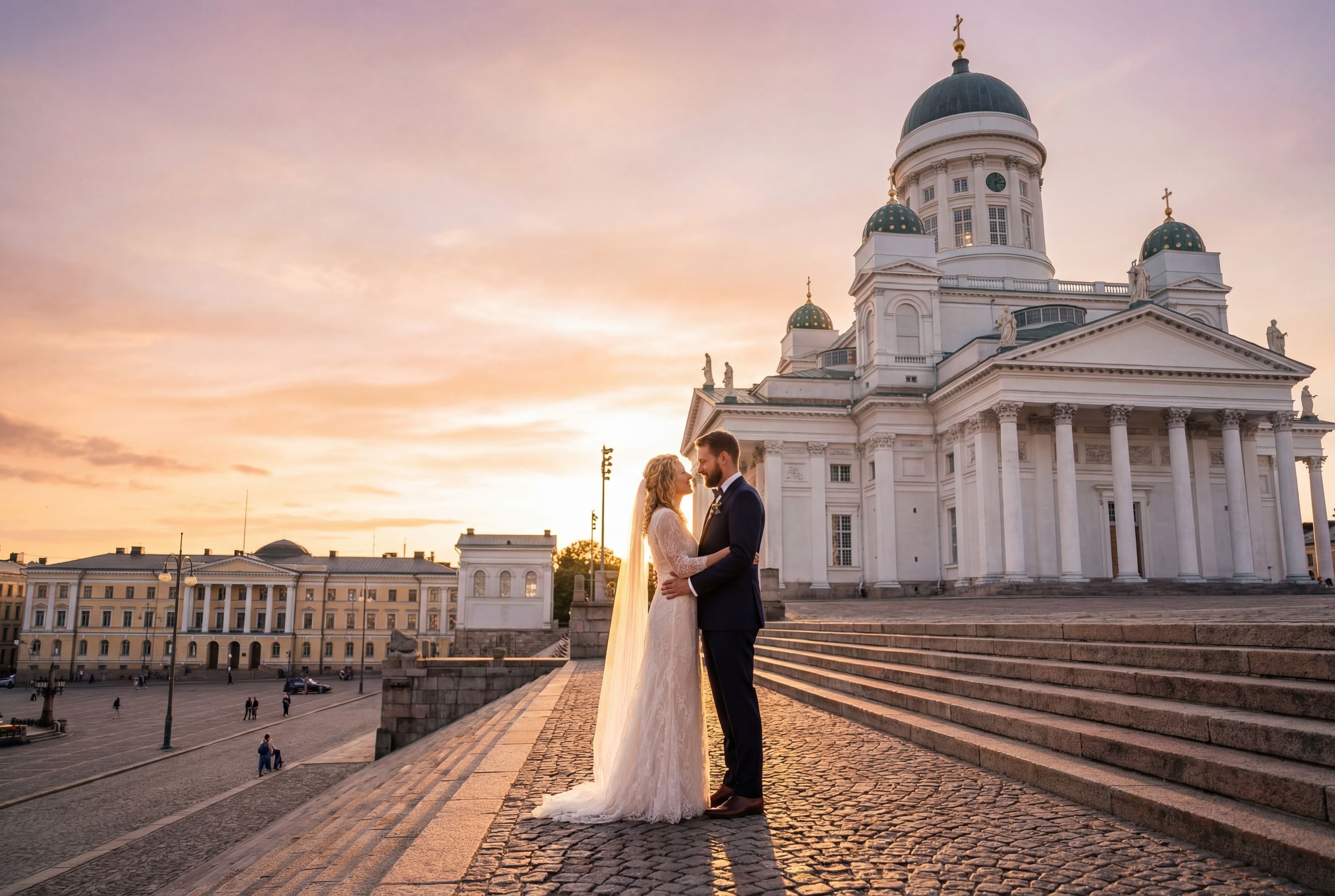 Helsinki wedding photography — couple at the iconic Helsinki Cathedral and Senate Square