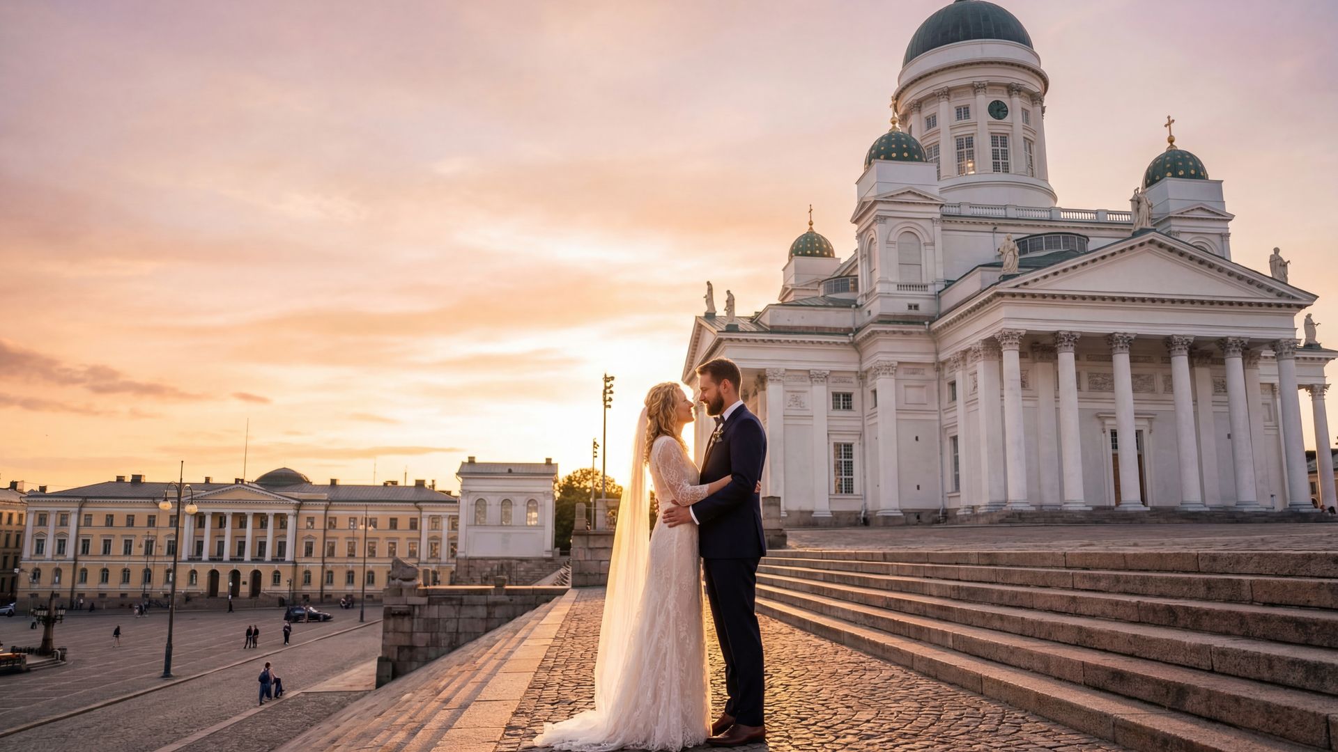 Helsinki wedding photography — couple at the iconic Helsinki Cathedral and Senate Square
