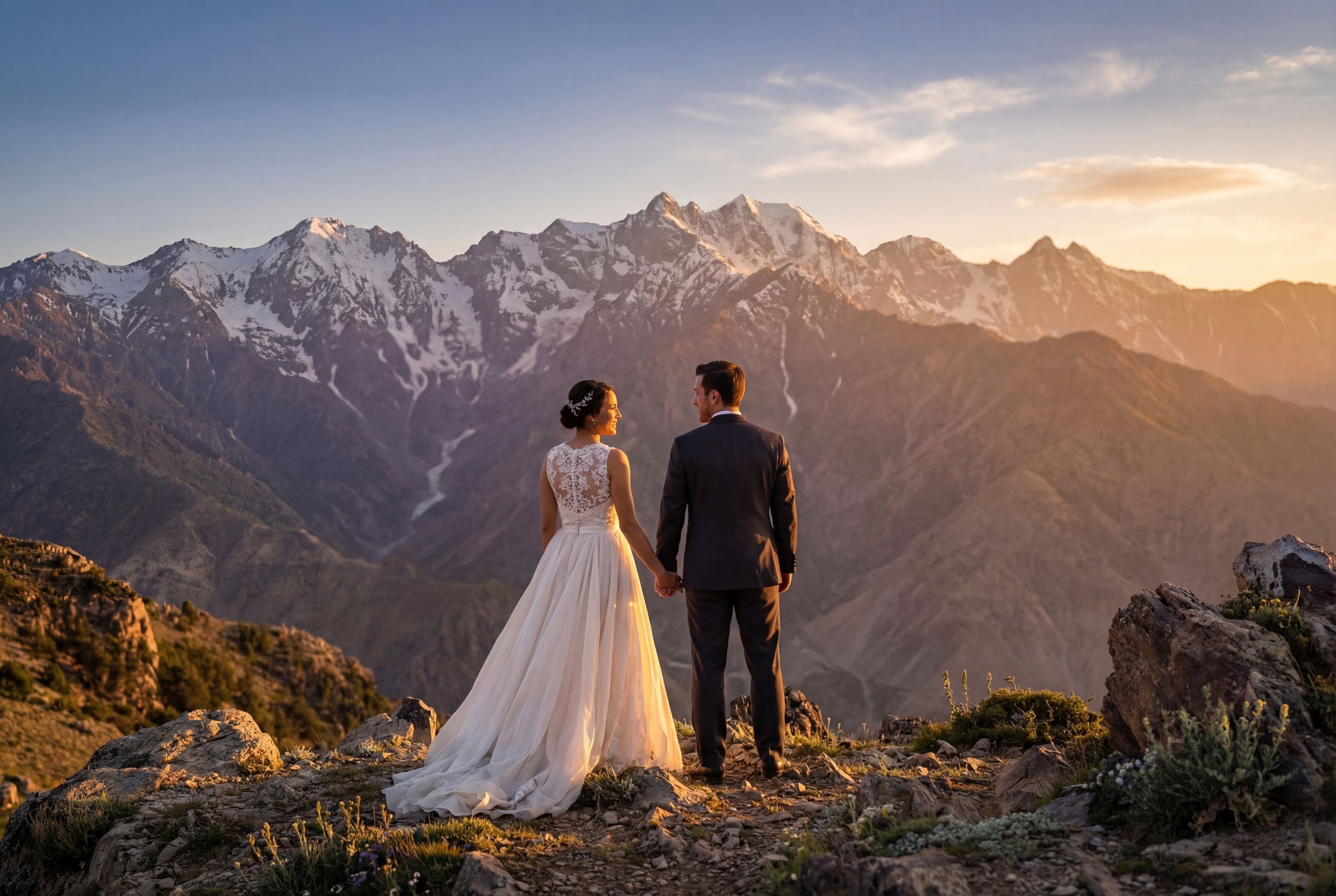 Jalalabad wedding photography — couple amid orange groves with Spinghar mountain panorama