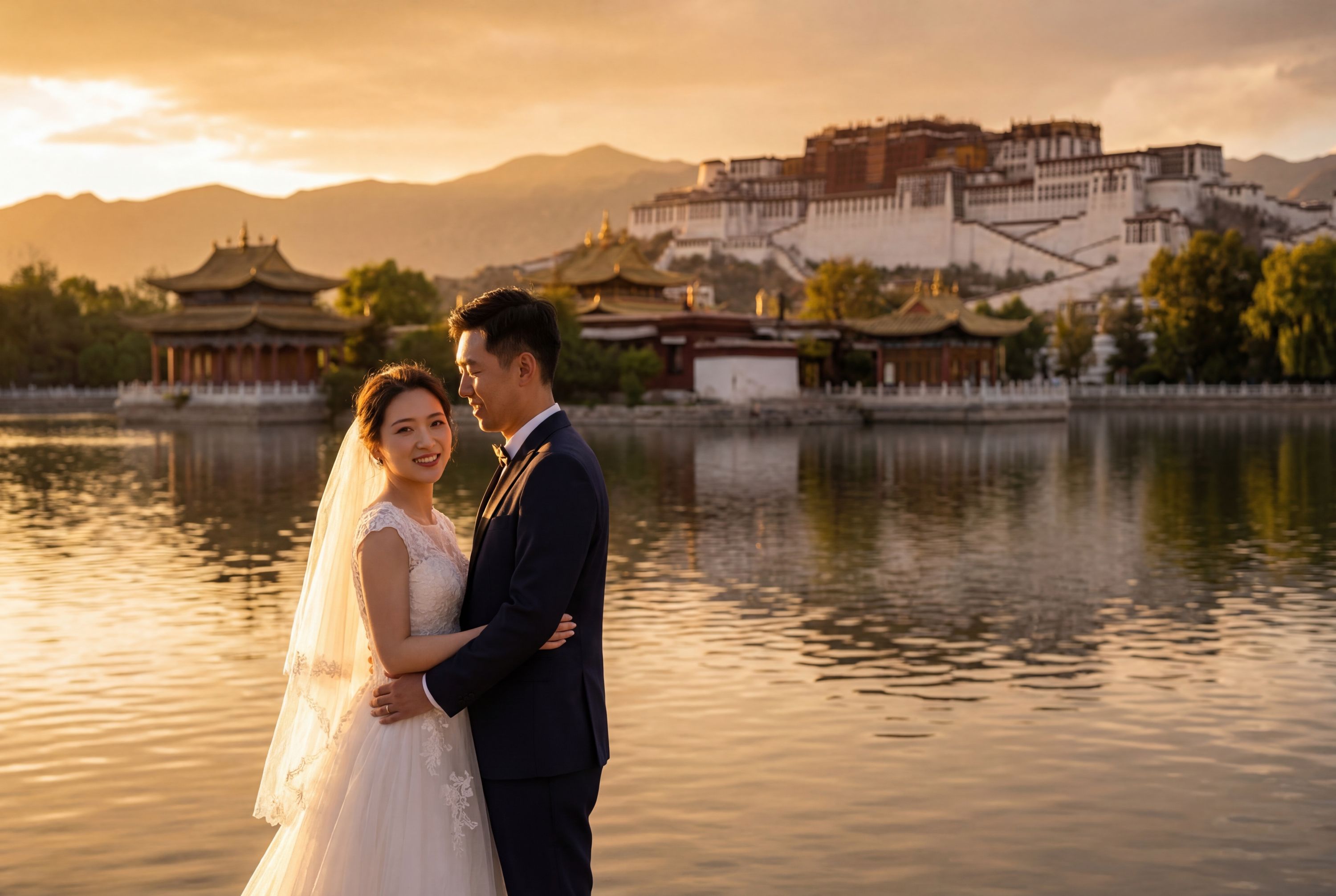 Lhasa wedding photography — couple at Potala Palace with Himalayan sky