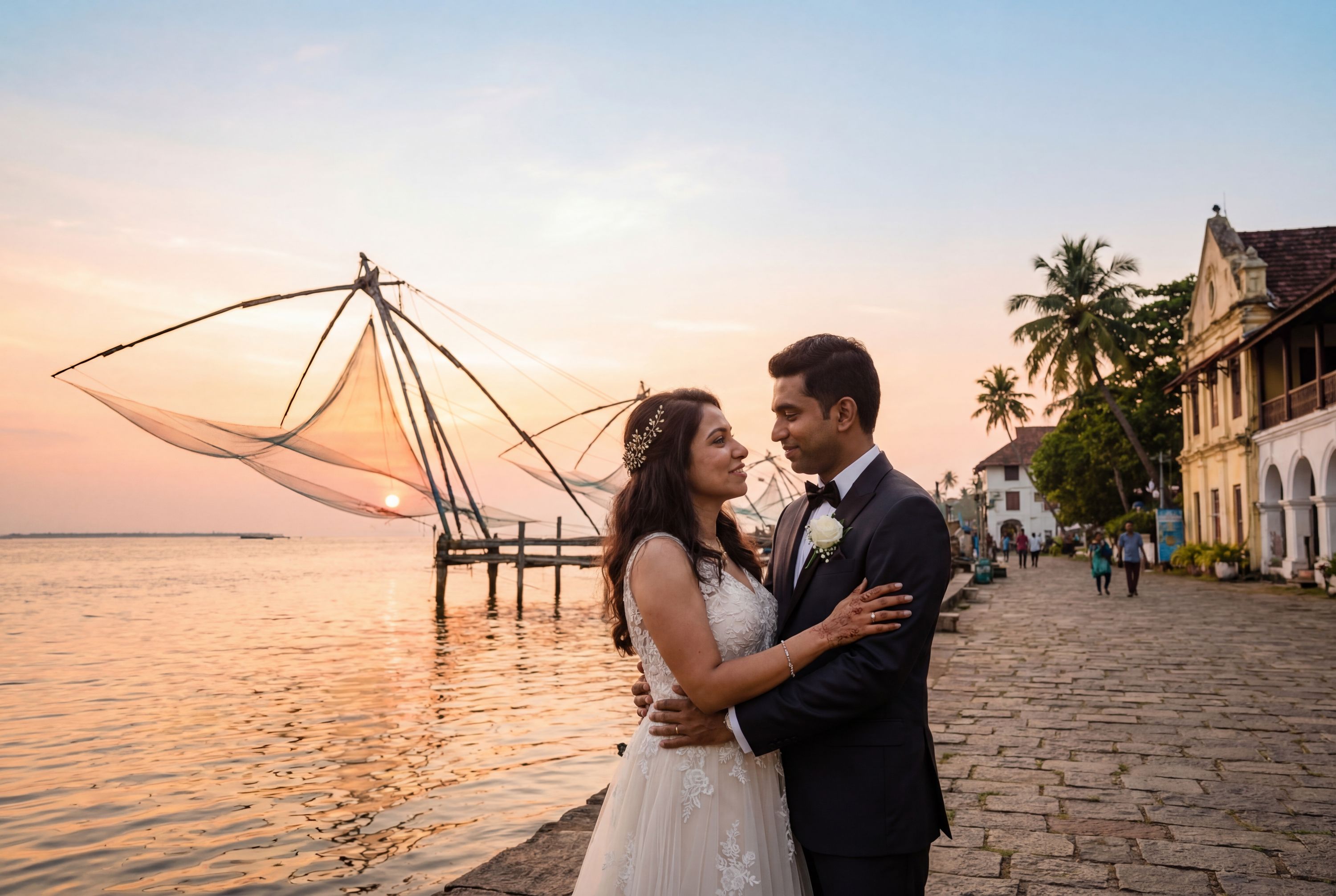 Kochi wedding photography — couple at Fort Kochi Beach with Chinese fishing nets silhouetted against golden sunset