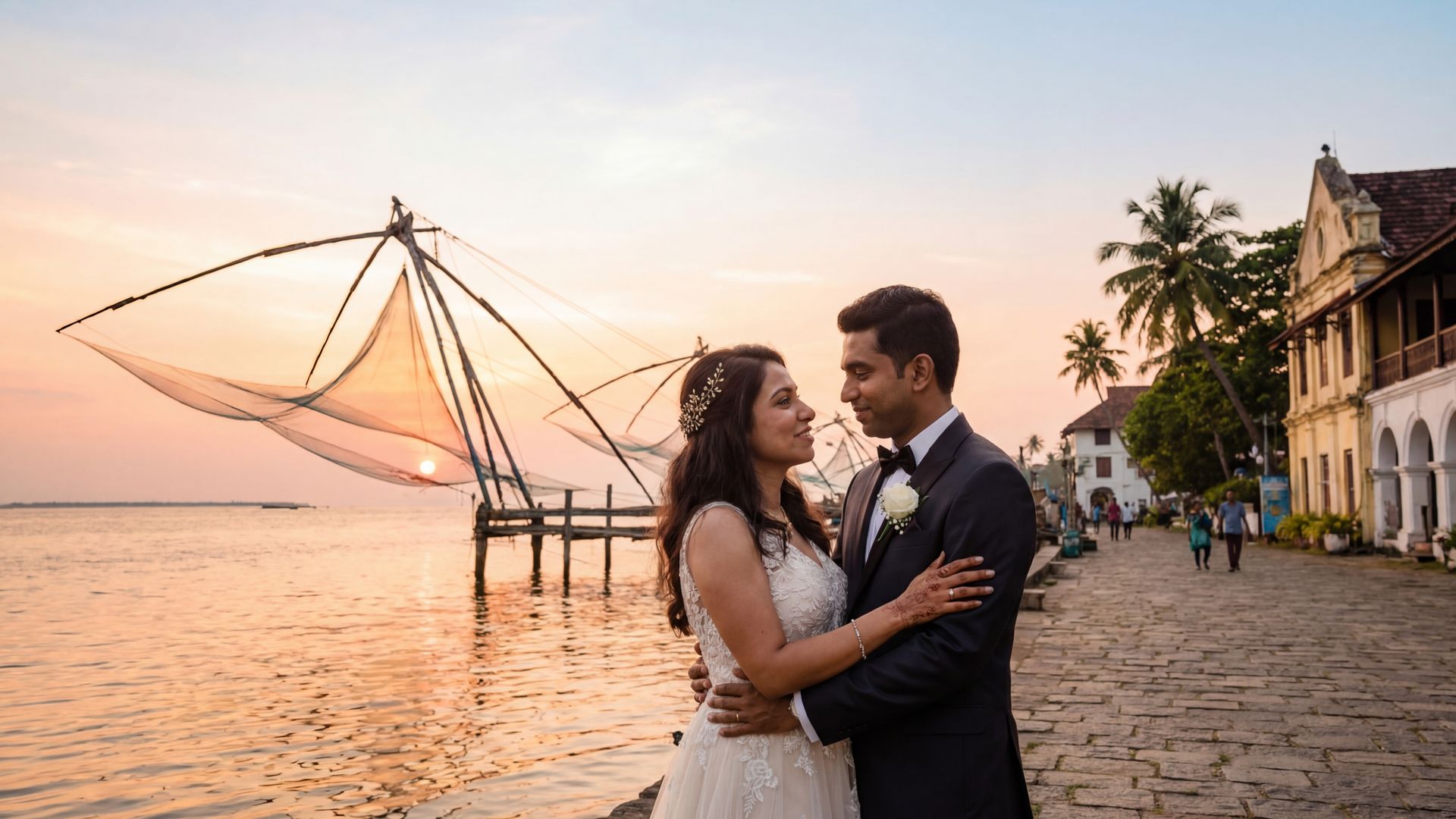 Kochi wedding photography — couple at Fort Kochi Beach with Chinese fishing nets silhouetted against golden sunset
