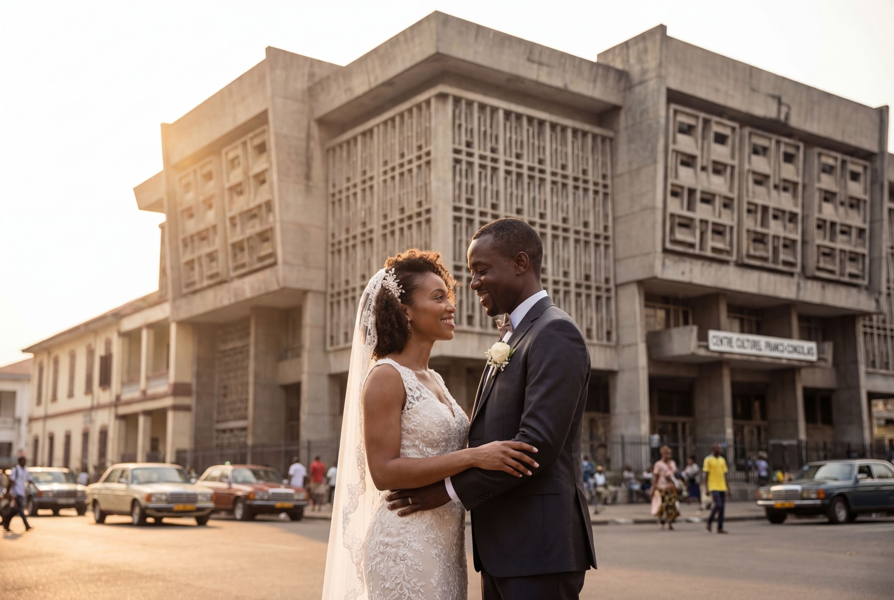 Kinshasa wedding photography — couple at Basilique Notre-Dame du Congo with dramatic modernist dome