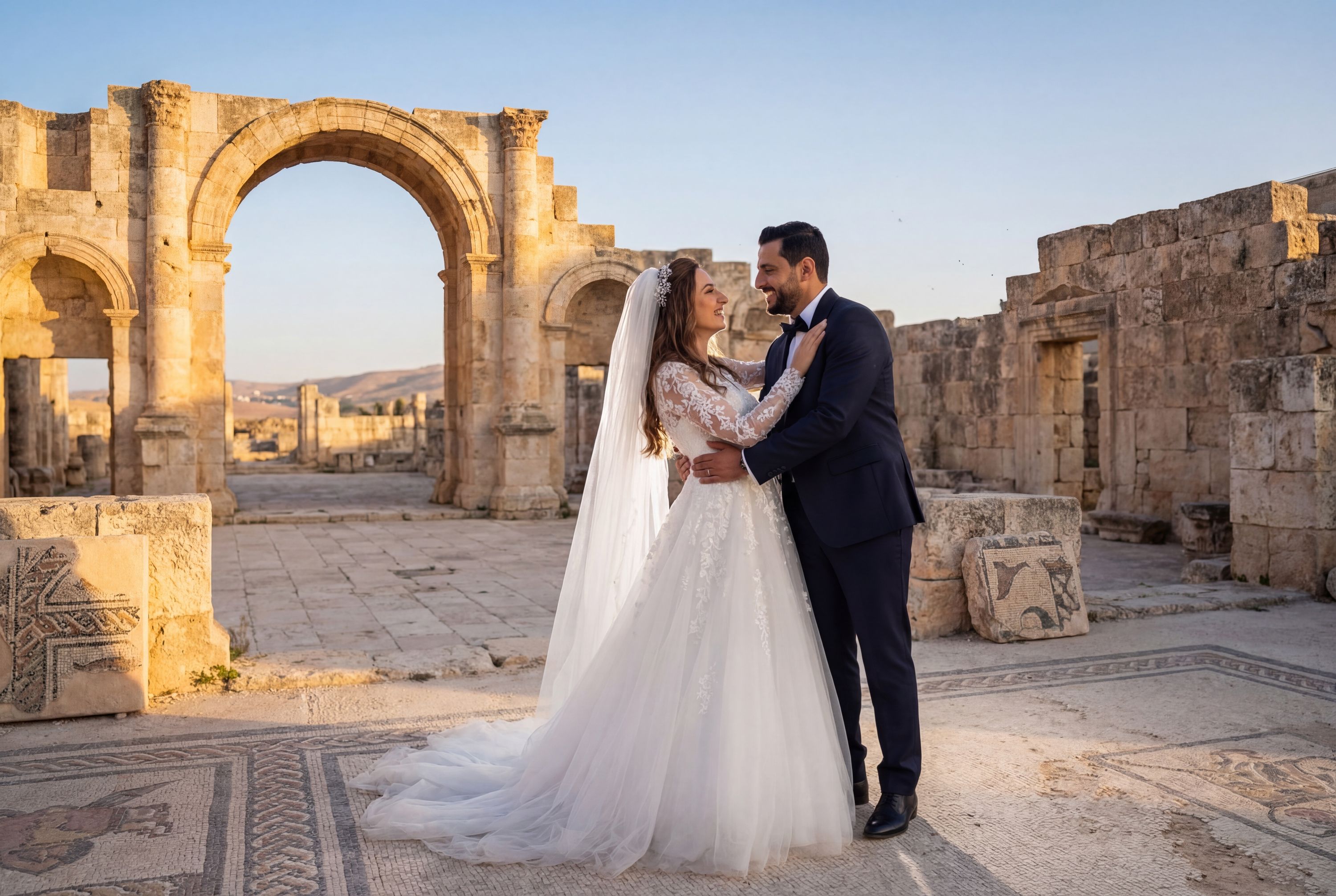 Madaba wedding photography — couple at Mount Nebo with panoramic Holy Land views