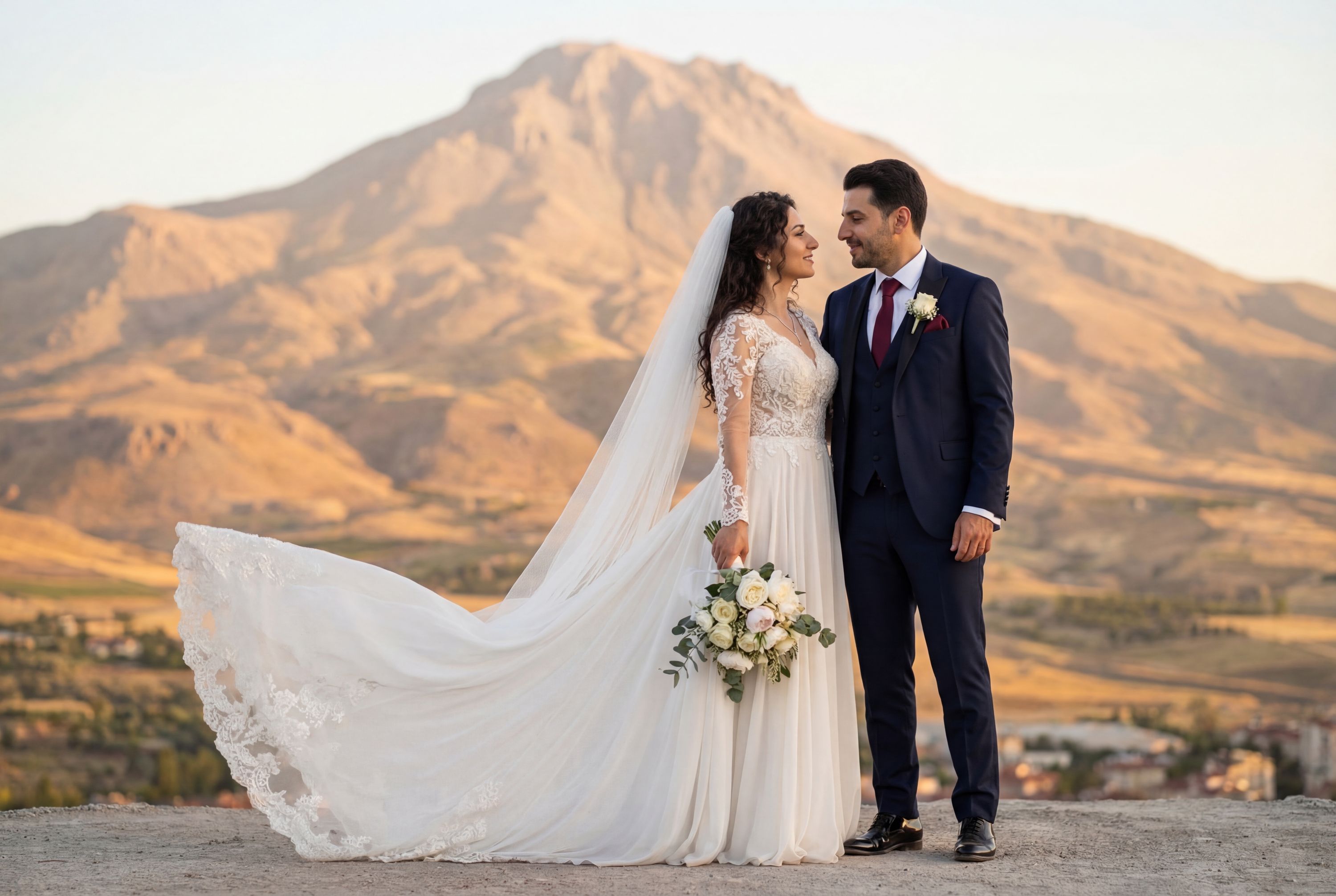 Kayseri wedding photography — couple at Kayseri Castle with Mount Erciyes backdrop