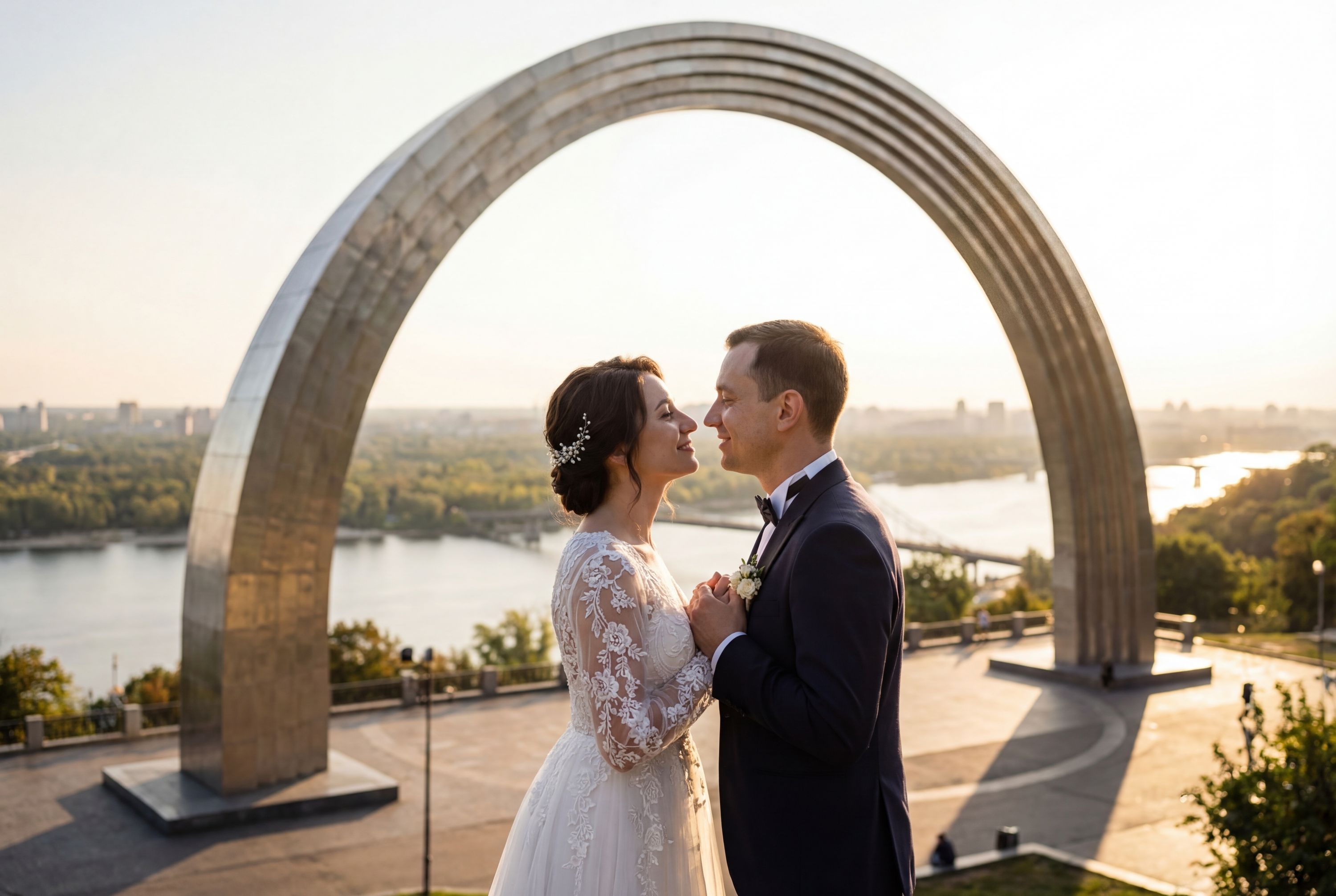 Kyiv wedding photography — couple at St. Sophia's Cathedral with golden domes and Byzantine grandeur