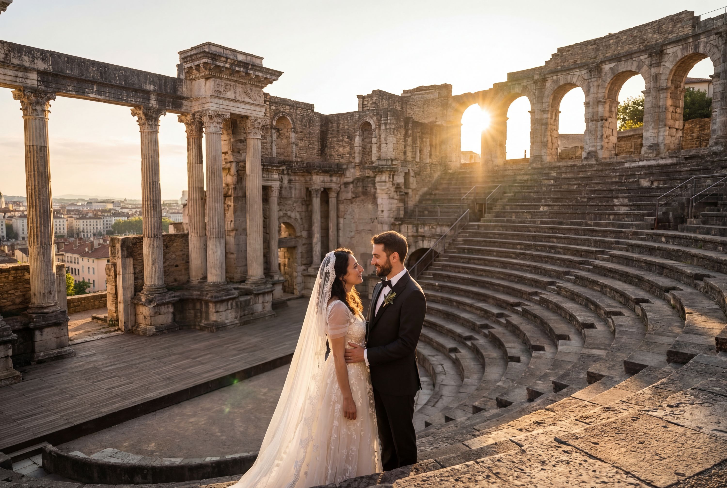 Lyon wedding photography — couple at Fourvière Basilica with Renaissance Vieux Lyon and Rhône river backdrop