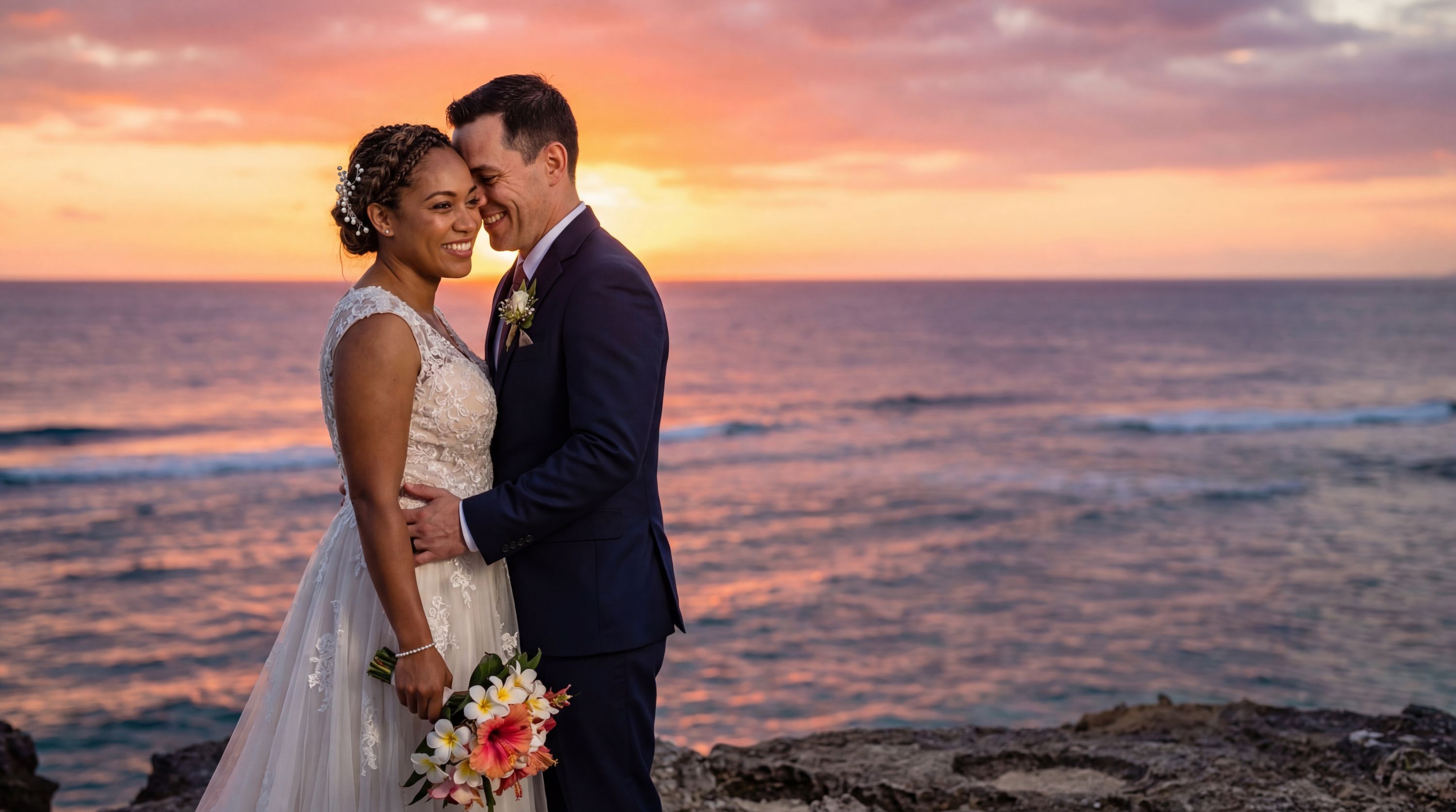 Majuro wedding photography — couple on pristine Laura Beach with turquoise lagoon