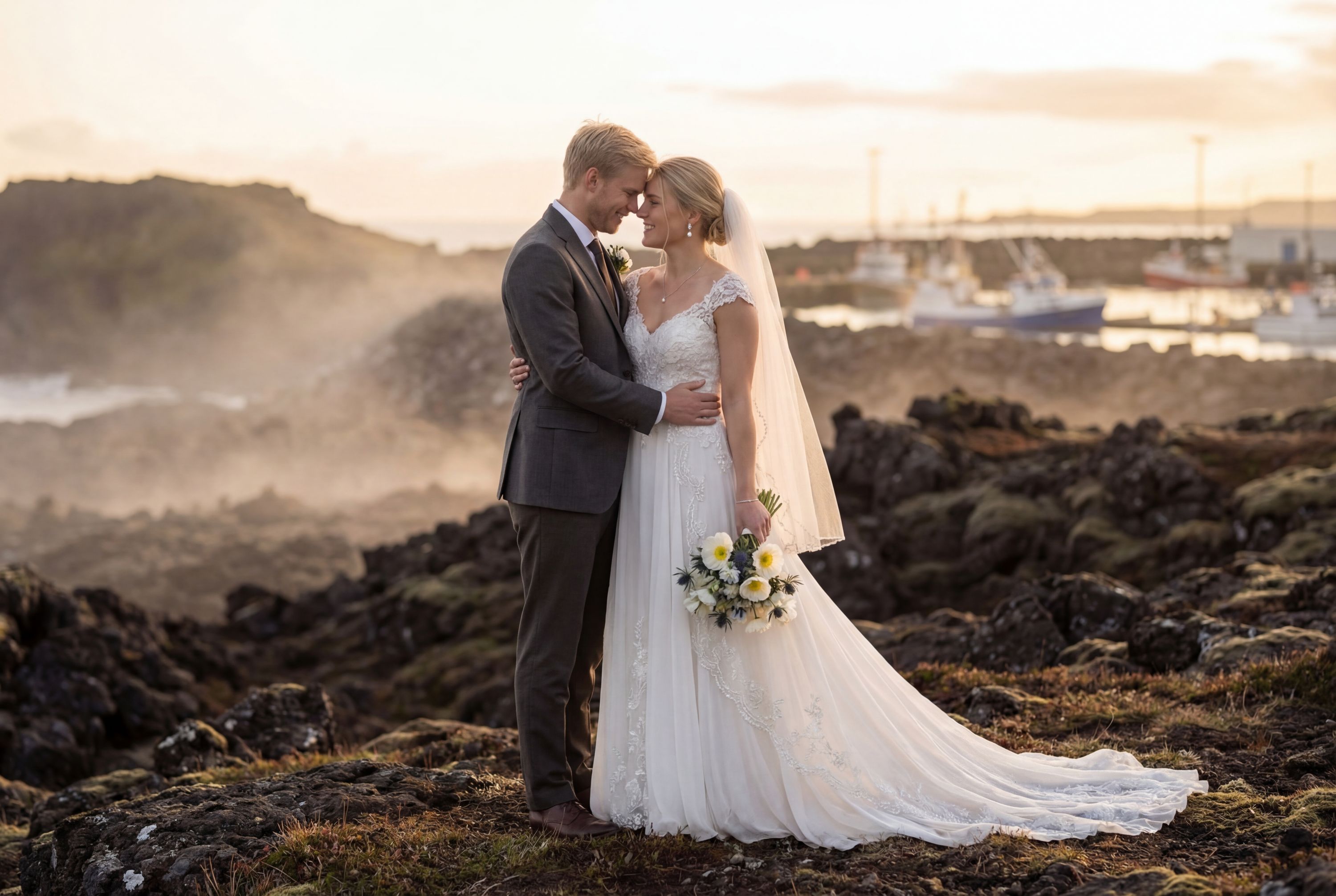 Keflavík wedding photography — couple at Blue Lagoon with volcanic landscape backdrop