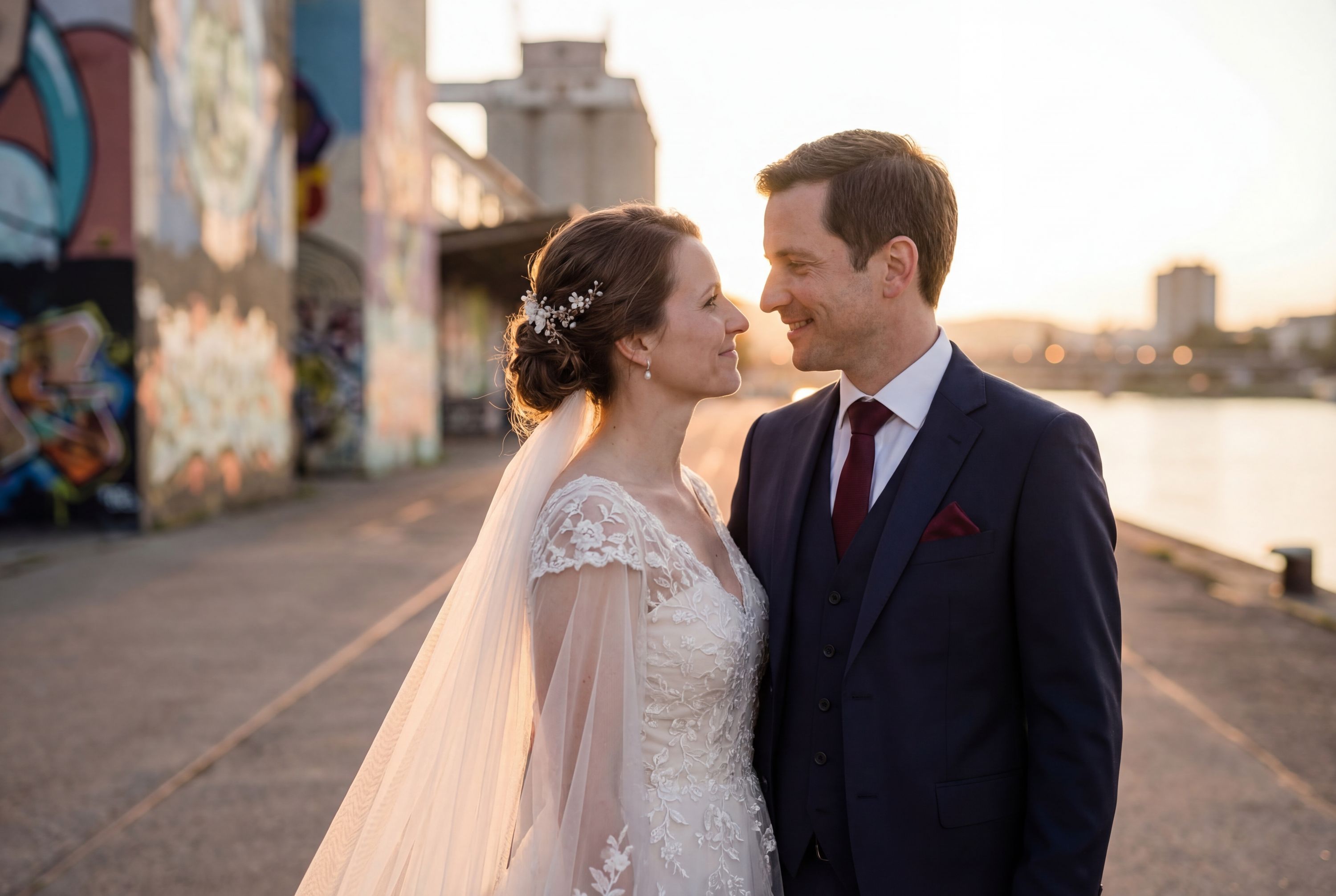 Linz wedding photography — couple at Hauptplatz with Danube panorama