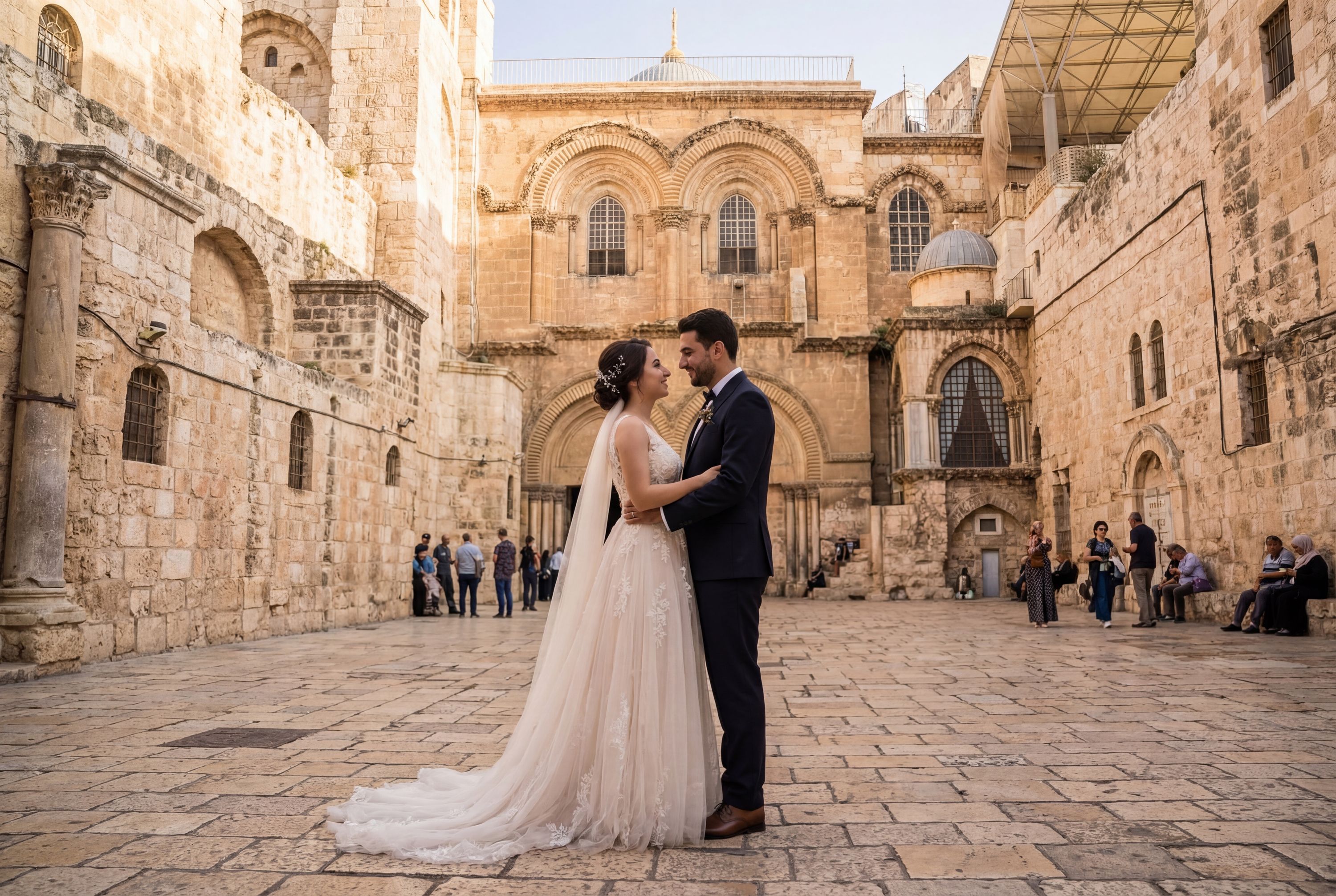 Jerusalem wedding photography — couple overlooking the Old City with golden Dome of the Rock panorama