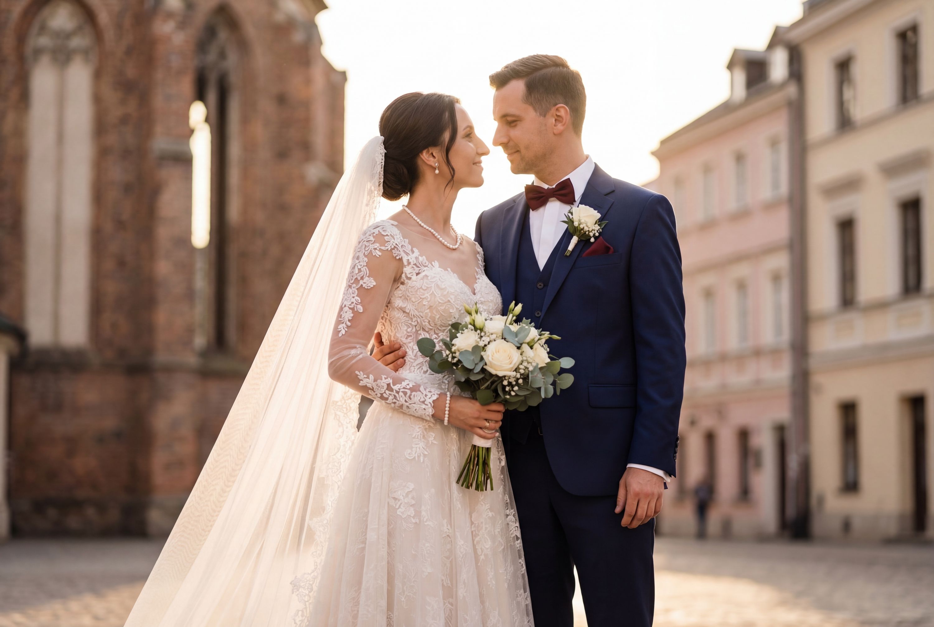 Lublin wedding photography — couple at Lublin Castle with Old Town panorama