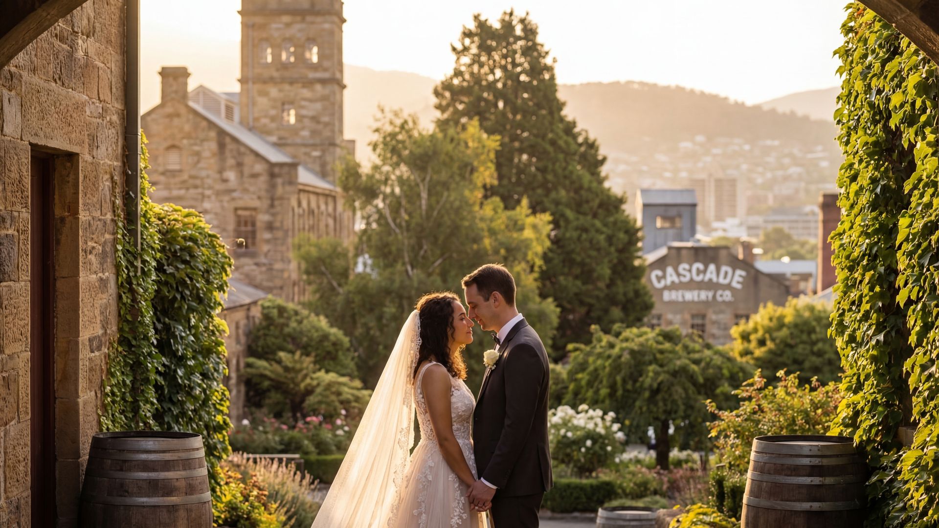 Hobart wedding photography — couple at the iconic Salamanca Place