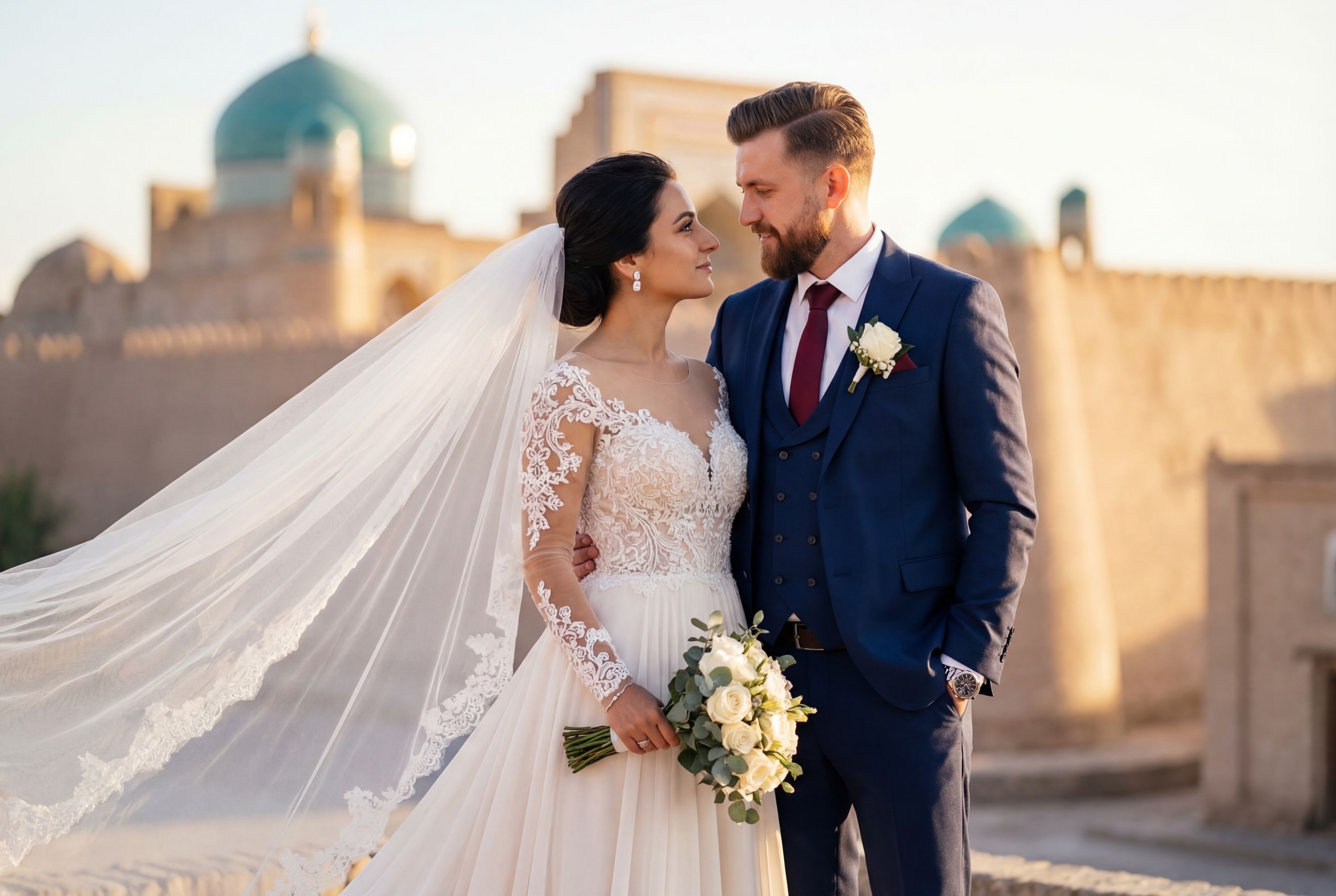 Khiva wedding photography — couple at Ichan Kala with Kalta Minor turquoise minaret and Silk Road skyline