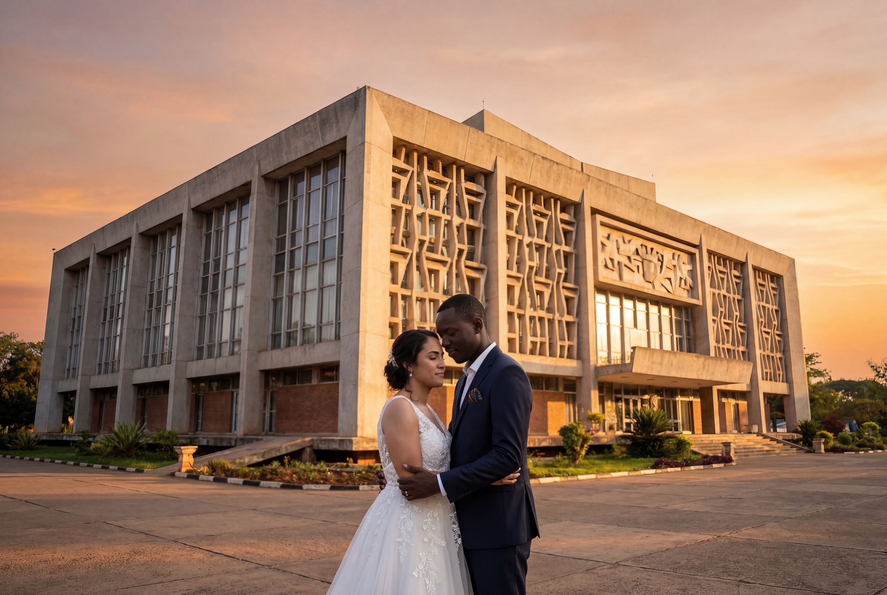 Lubumbashi wedding photography — couple at Cathédrale Saints-Pierre-et-Paul with tropical city panorama