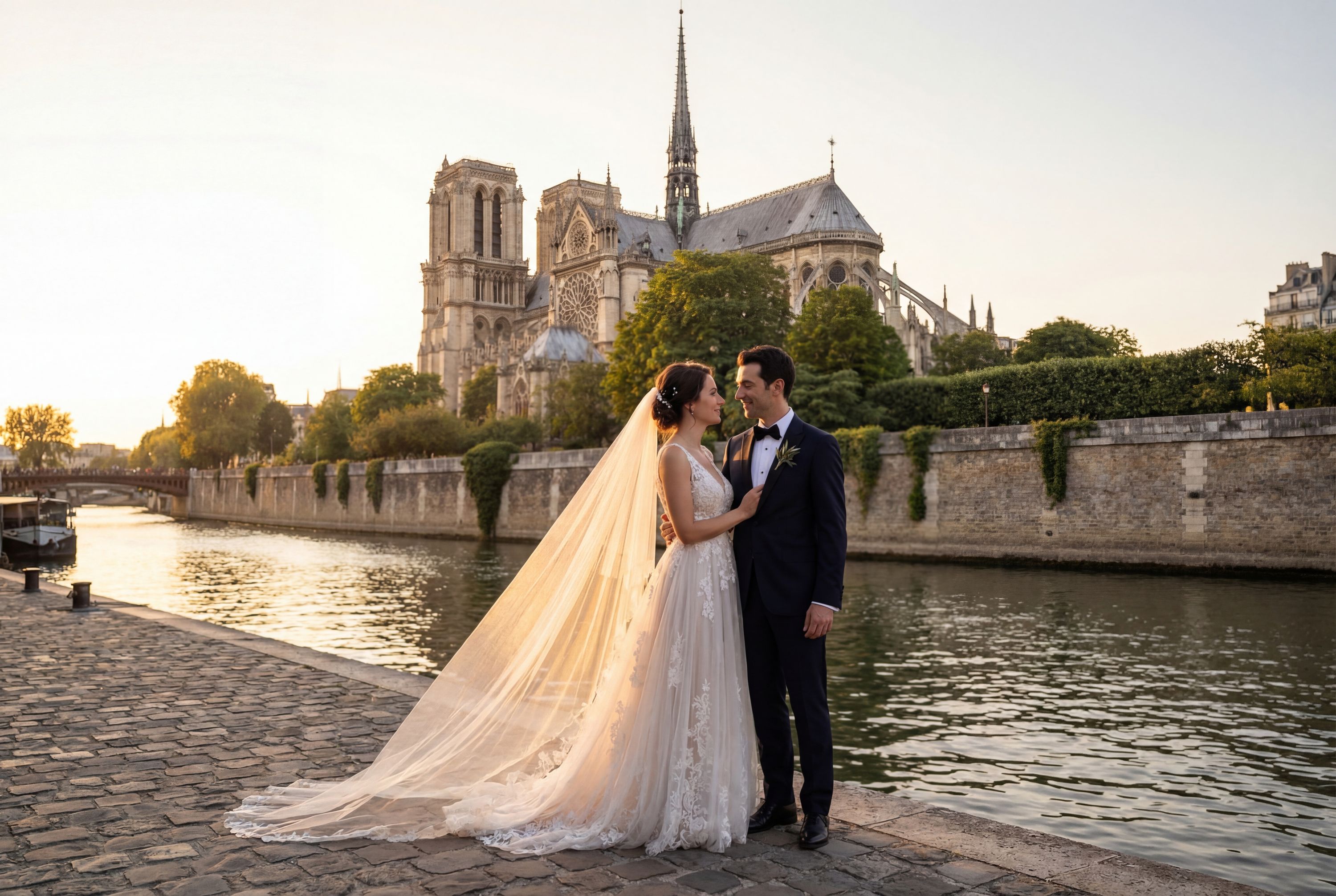 Notre Dame Cathedral (Exterior & Seine Riverbanks) wedding photography Paris 