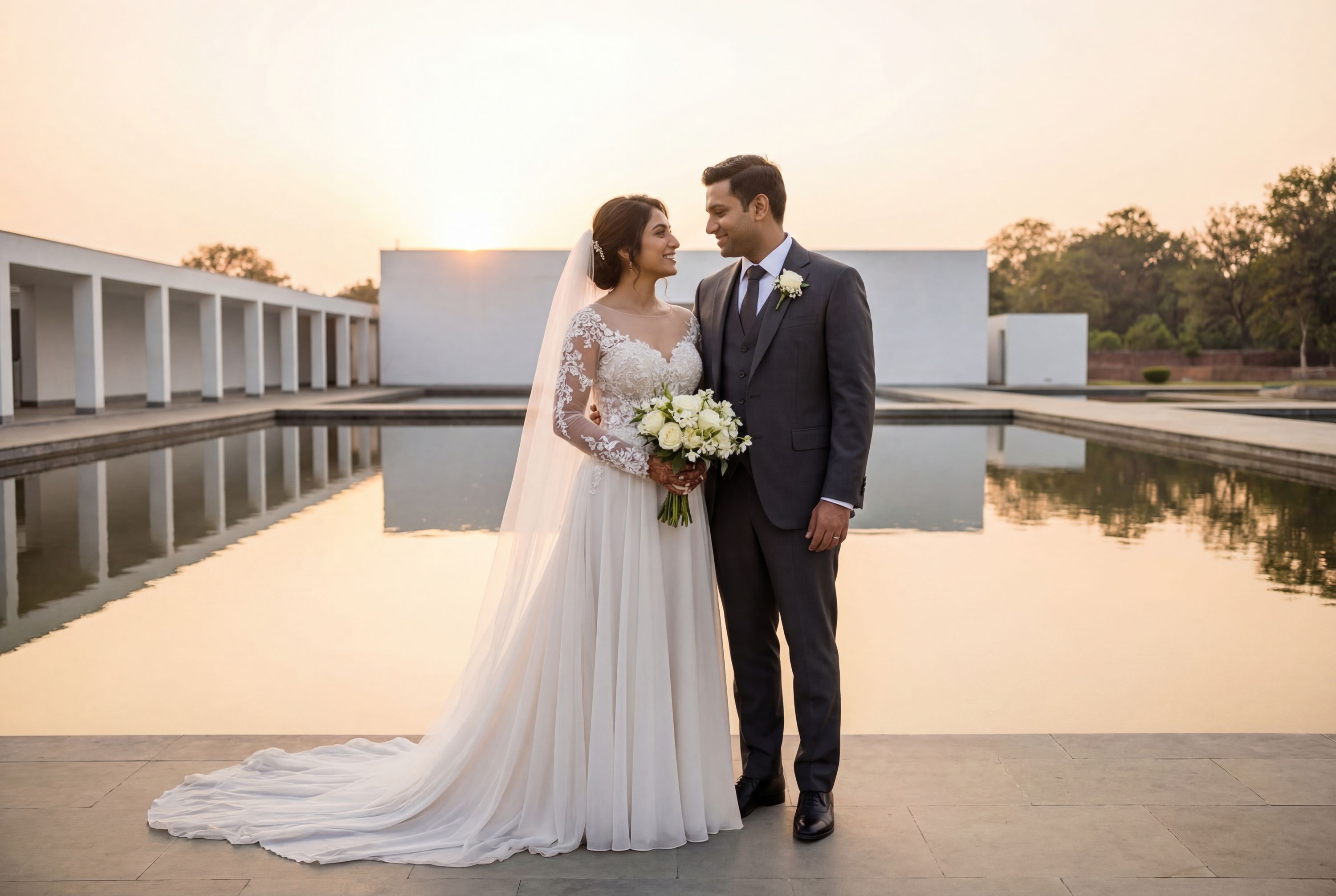 Lumbini wedding photography — couple at Maya Devi Temple with Sacred Garden panorama