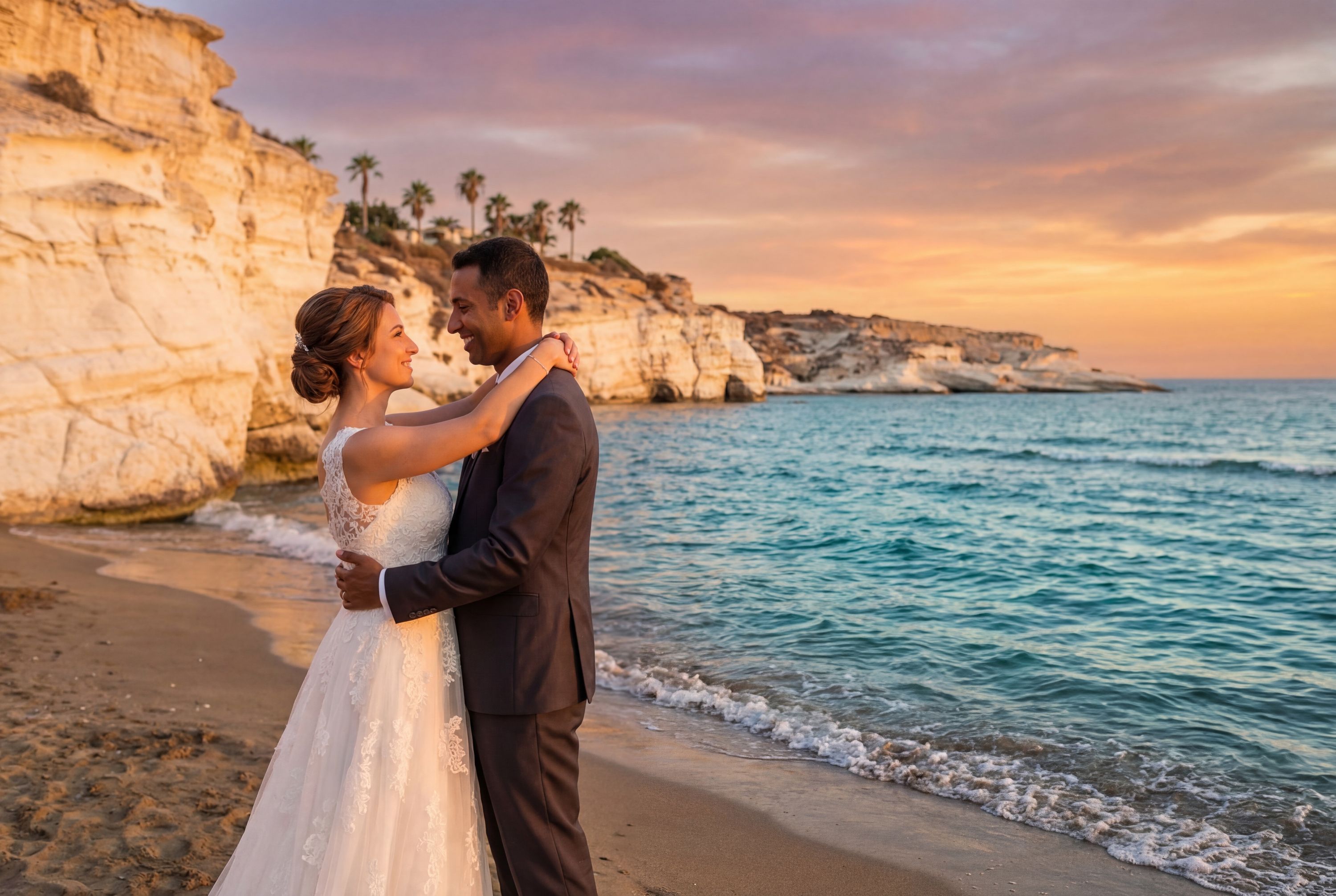 Limassol wedding photography — couple at Molos Promenade with Mediterranean sunset