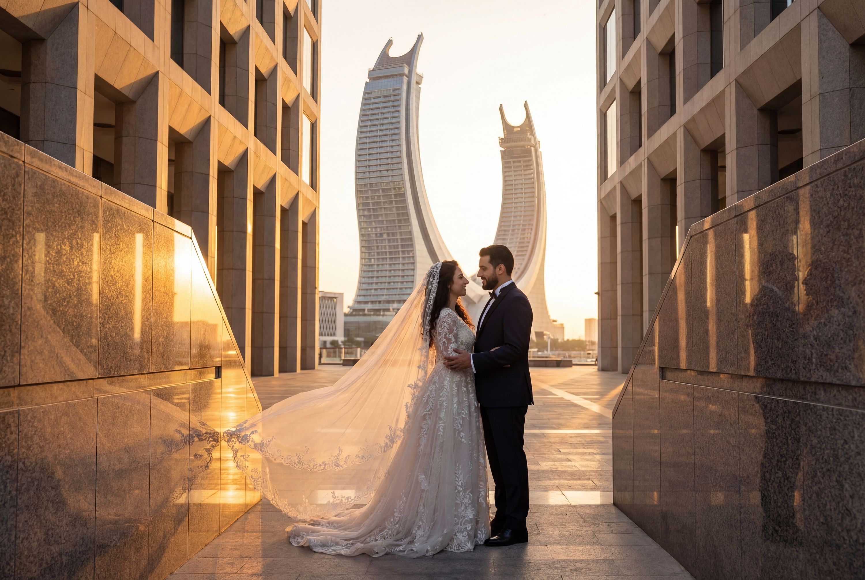 Lusail wedding photography — couple at Lusail Stadium with futuristic Qatar skyline