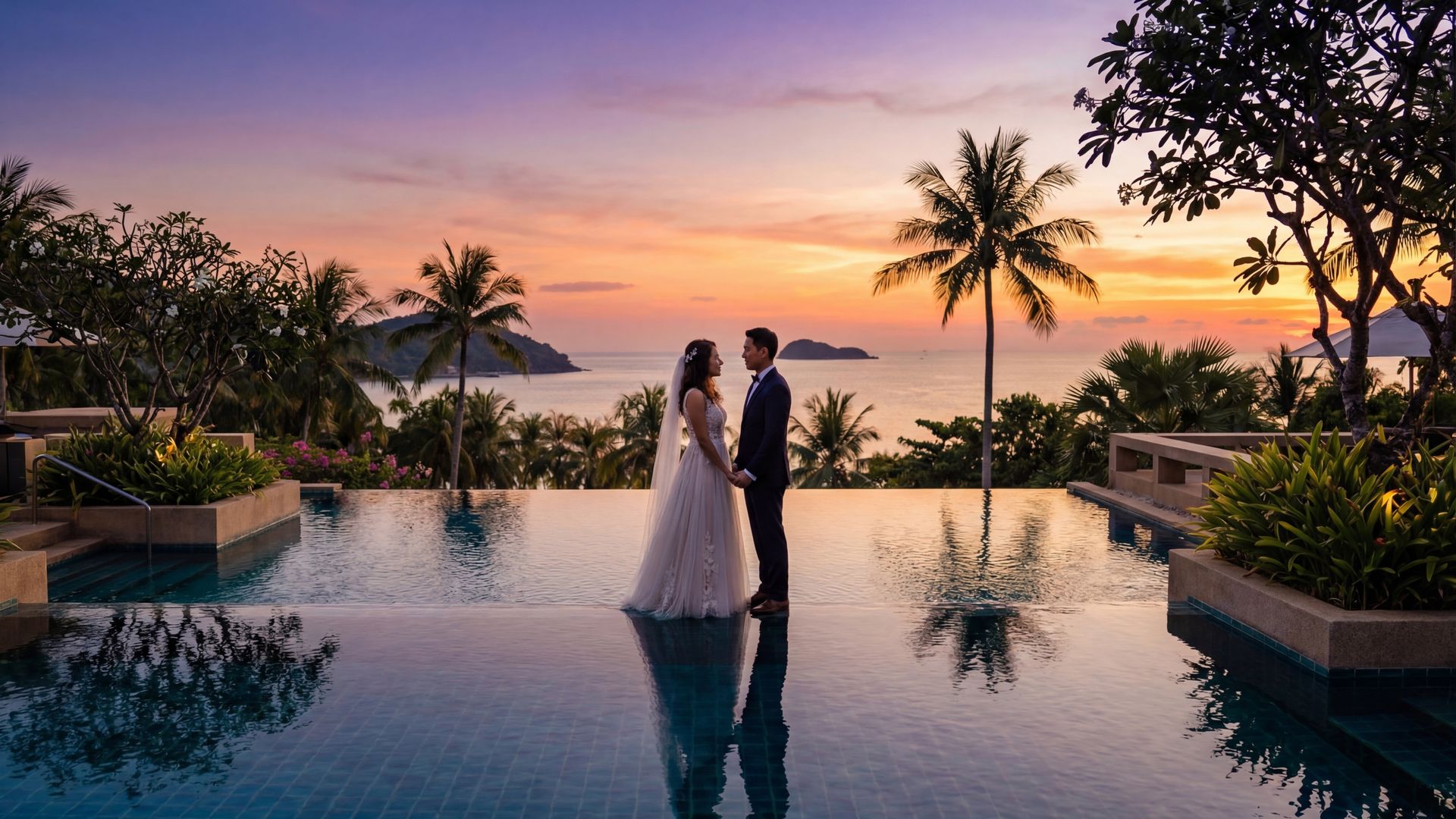 Koh Samui wedding photography — couple on Chaweng Beach with turquoise waters and swaying coconut palms at sunset