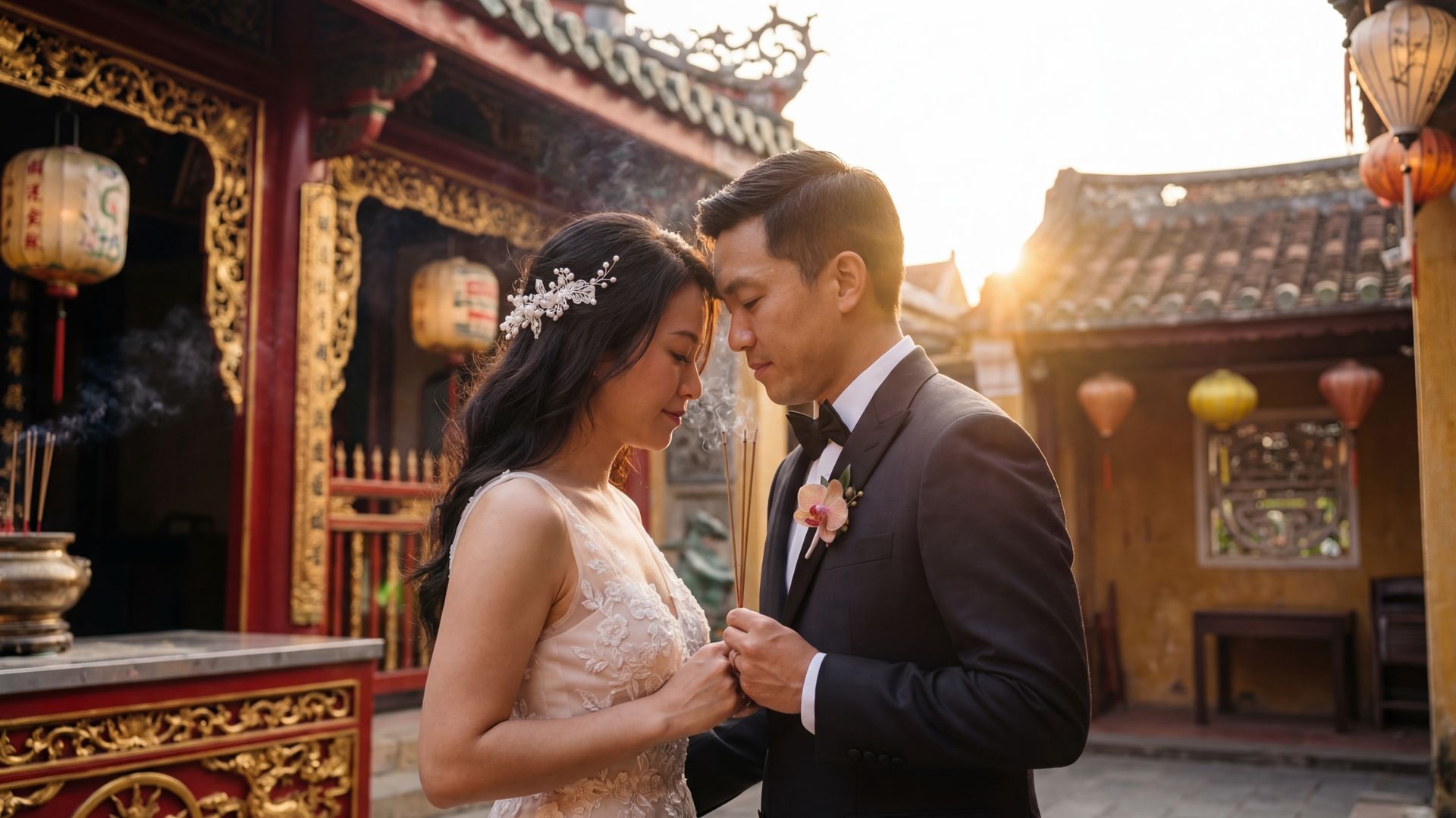 Hoi An wedding photography — couple at the iconic Japanese Covered Bridge