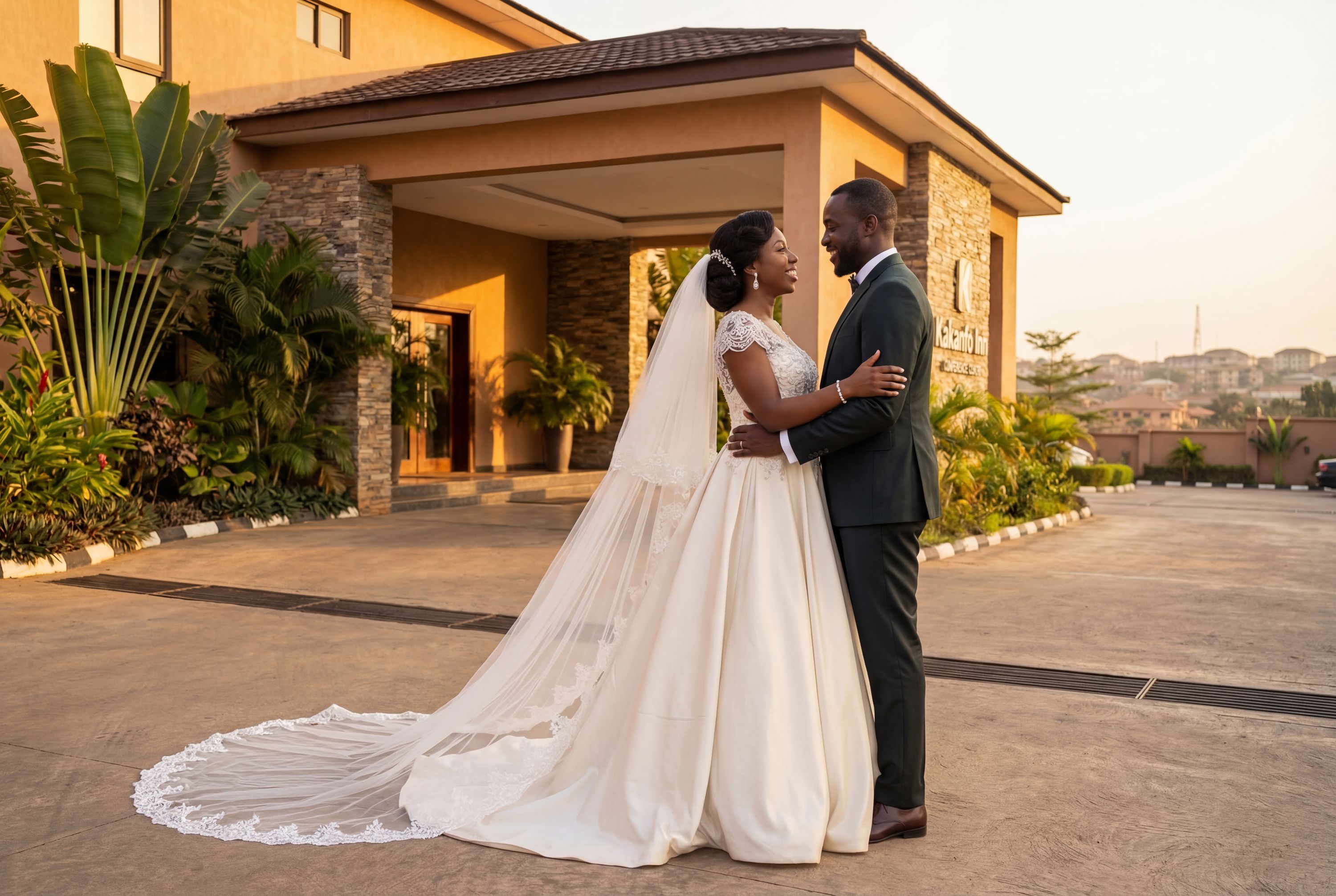 Ibadan wedding photography — couple at Bower's Tower with panoramic city views