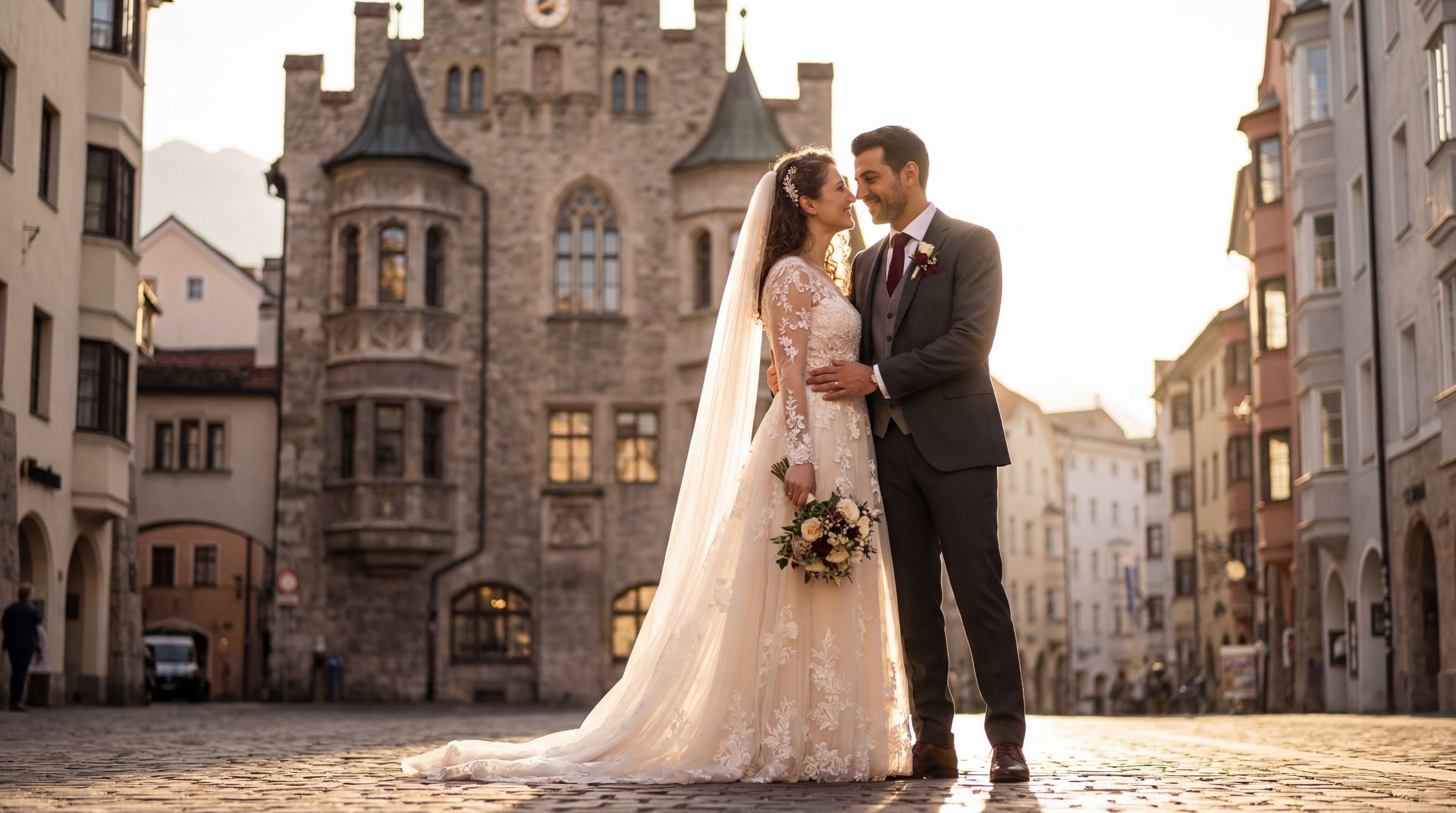 Innsbruck wedding photography — couple with Alpine mountain panorama and colorful Old Town
