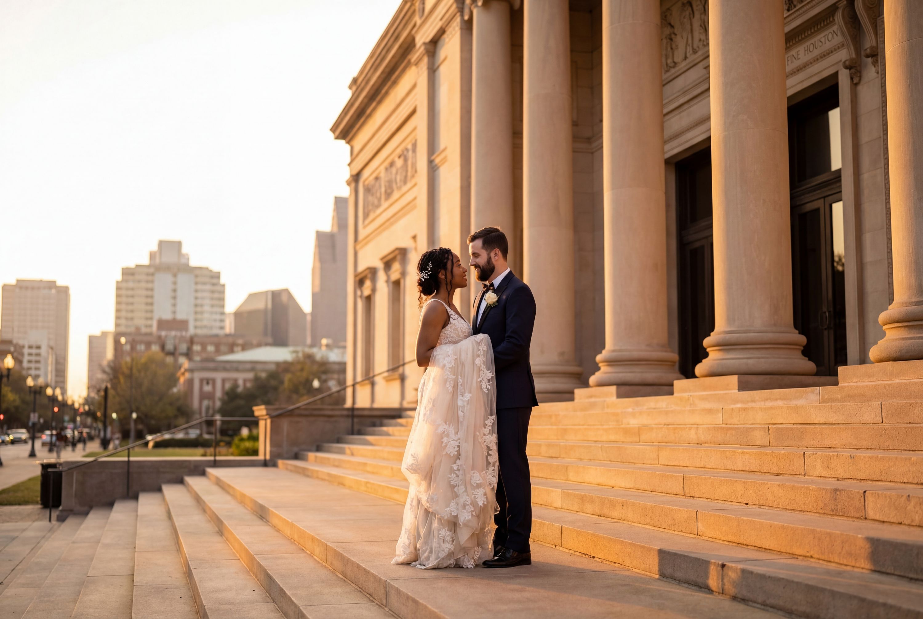 Houston wedding photography — couple at Hermann Park with downtown skyline