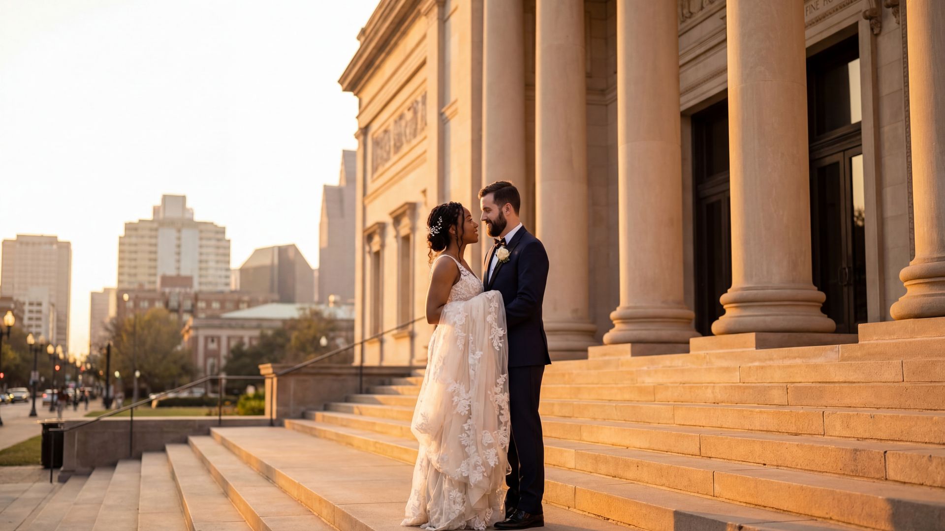 Houston wedding photography — couple at Hermann Park with downtown skyline