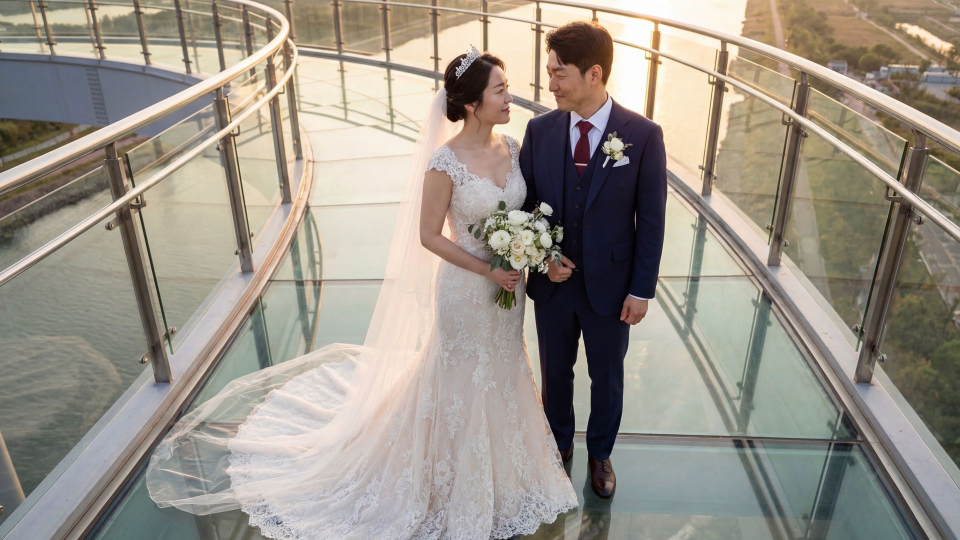 Incheon wedding photography — couple at Songdo Central Park with futuristic skyline