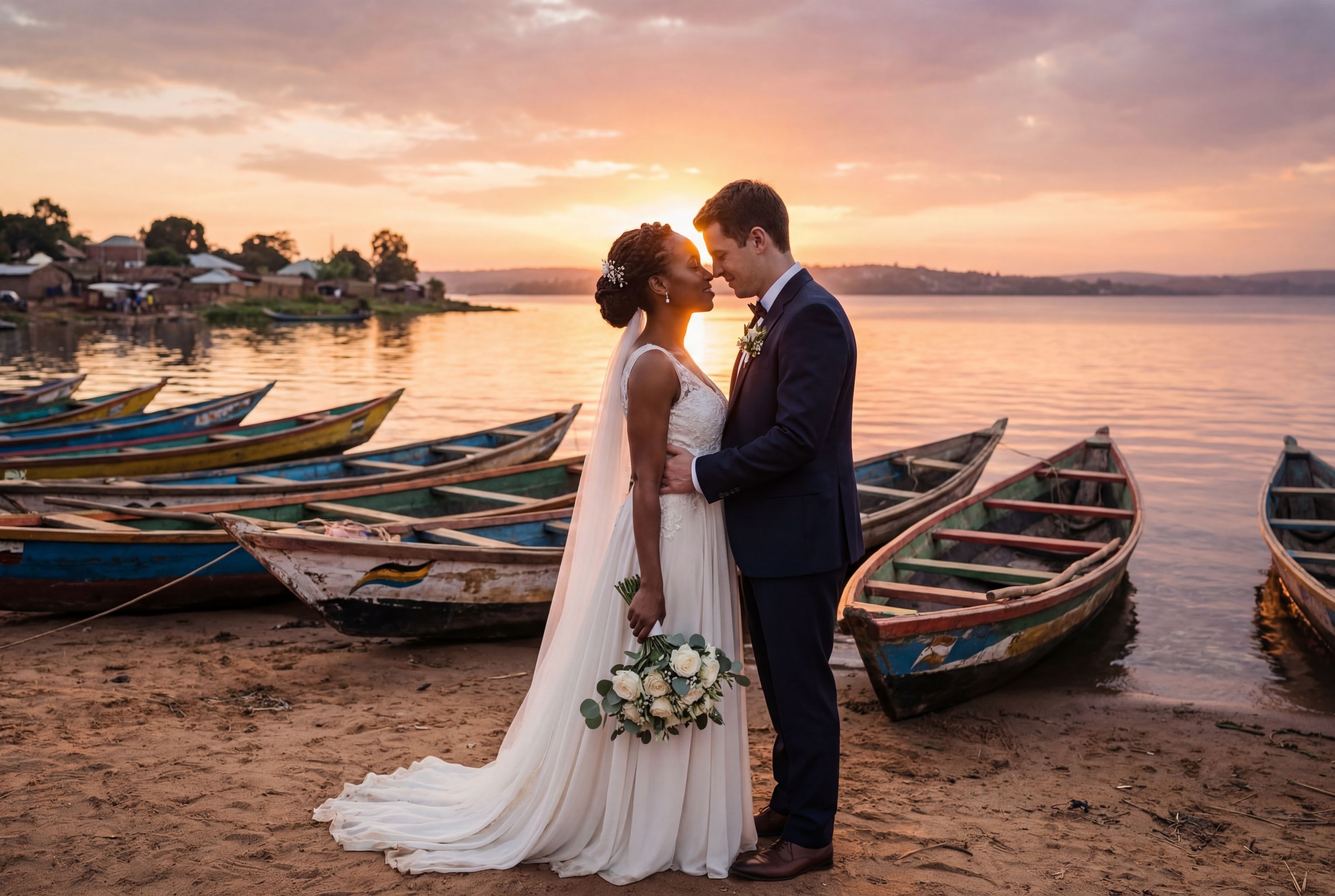 Jinja wedding photography — couple at the Source of the Nile with Lake Victoria panorama