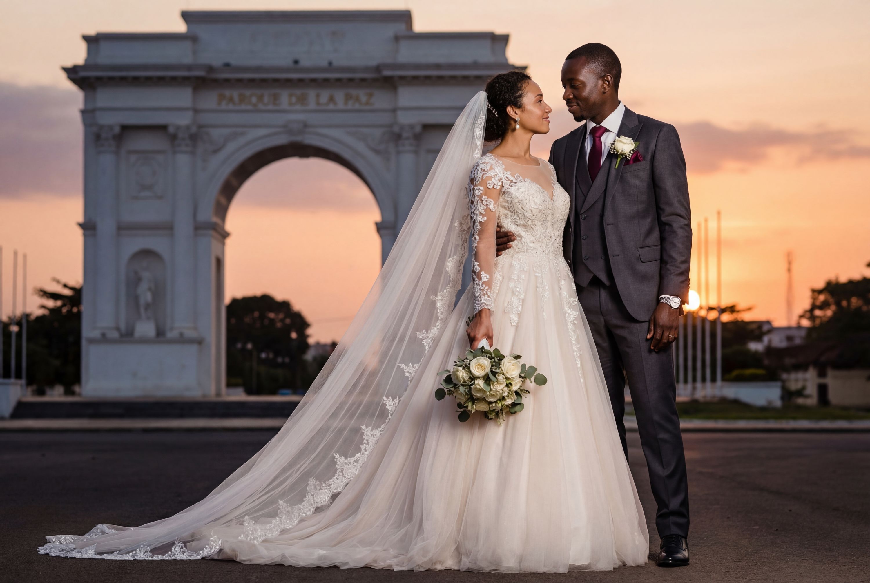 Malabo wedding photography — couple at Neo-Gothic Cathedral with volcanic island backdrop