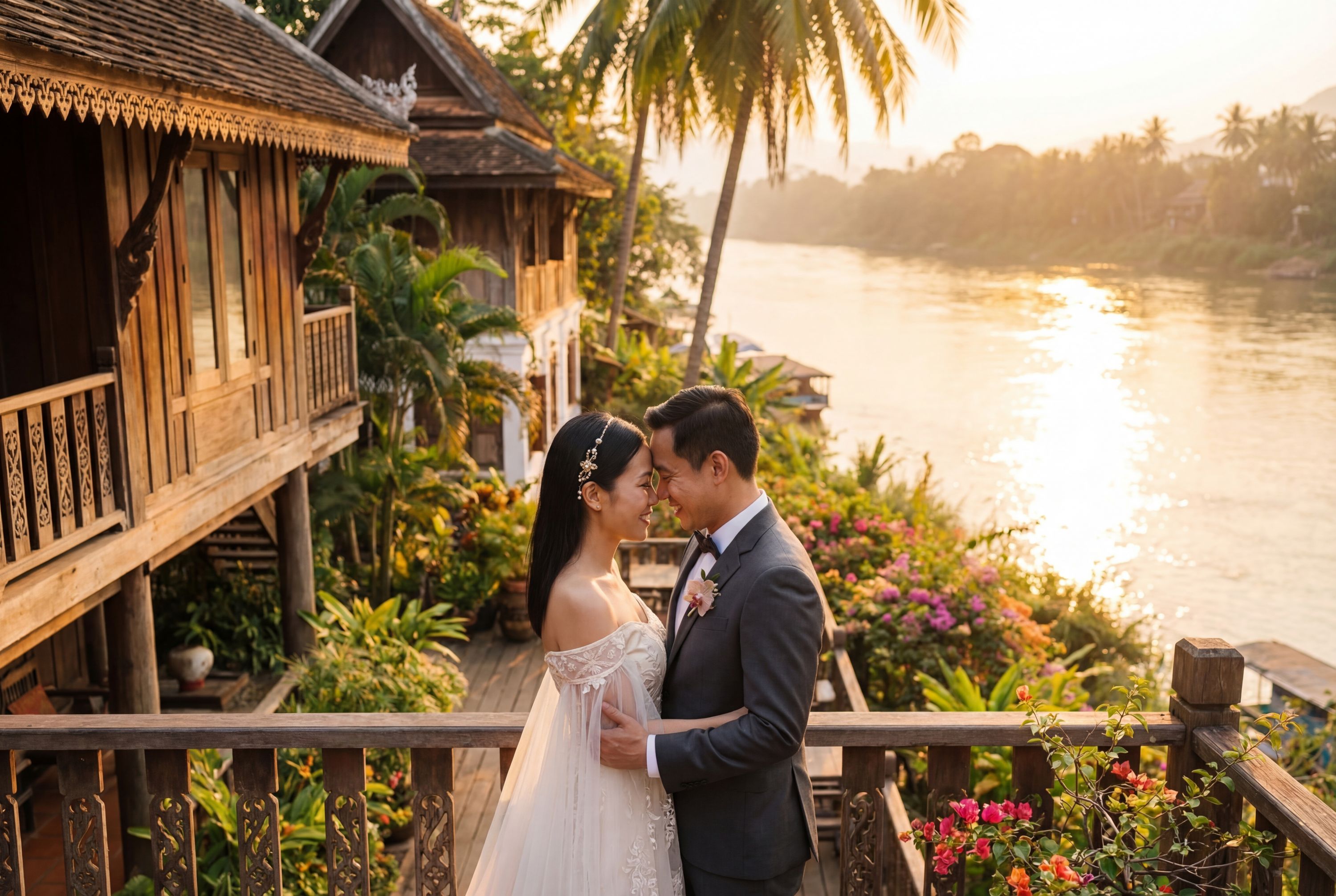 Luang Prabang wedding photography — couple at Wat Xieng Thong with Mekong River sunset