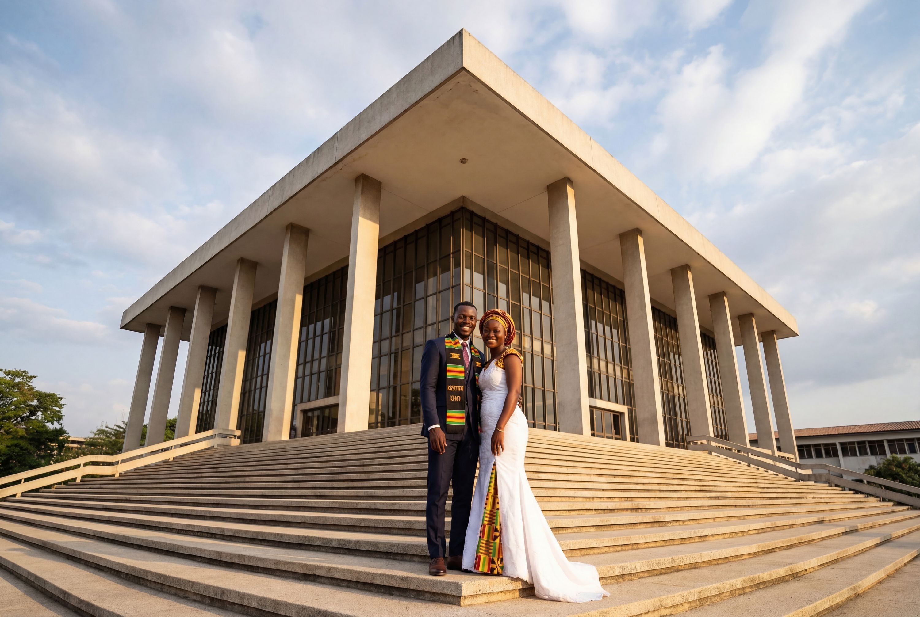 Kumasi wedding photography — couple at Manhyia Palace with Ashanti Kingdom heritage and tropical garden backdrop