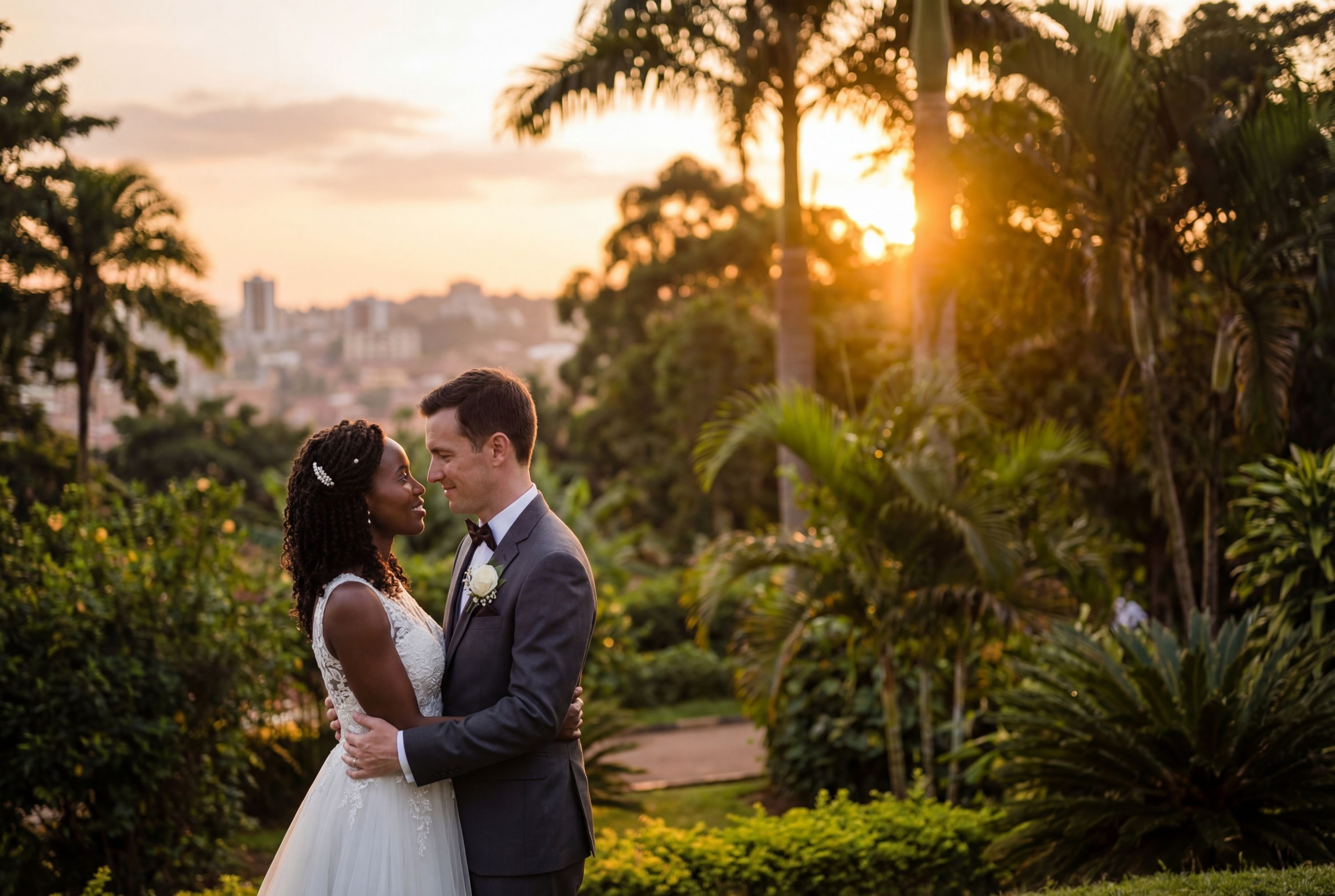 Kampala wedding photography — couple at Lake Victoria shores with golden sunset panorama