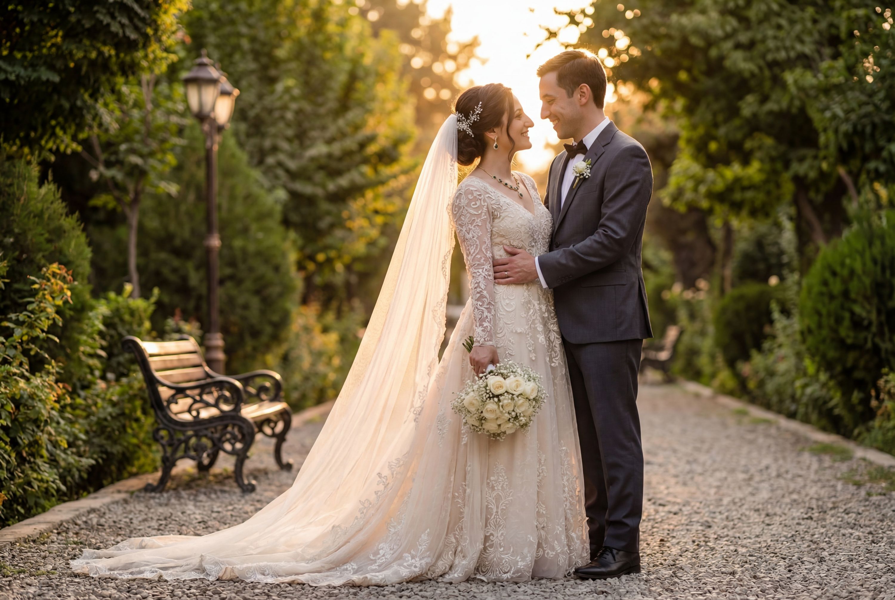 Kabul wedding photography — couple at Babur Gardens with Hindu Kush mountain panorama