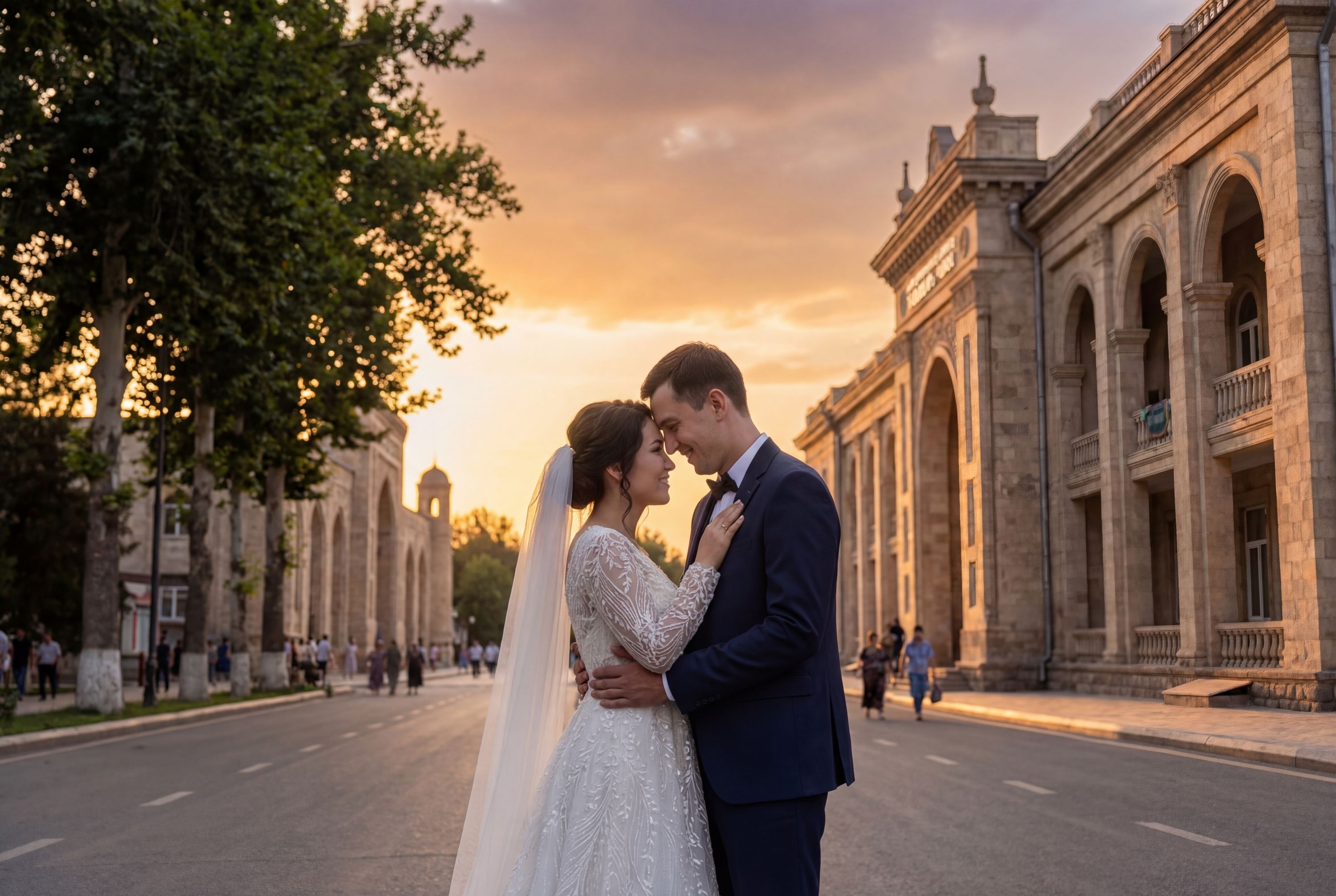 Khujand wedding photography — couple at the ancient Fortress with Syr Darya river and Fann Mountains backdrop