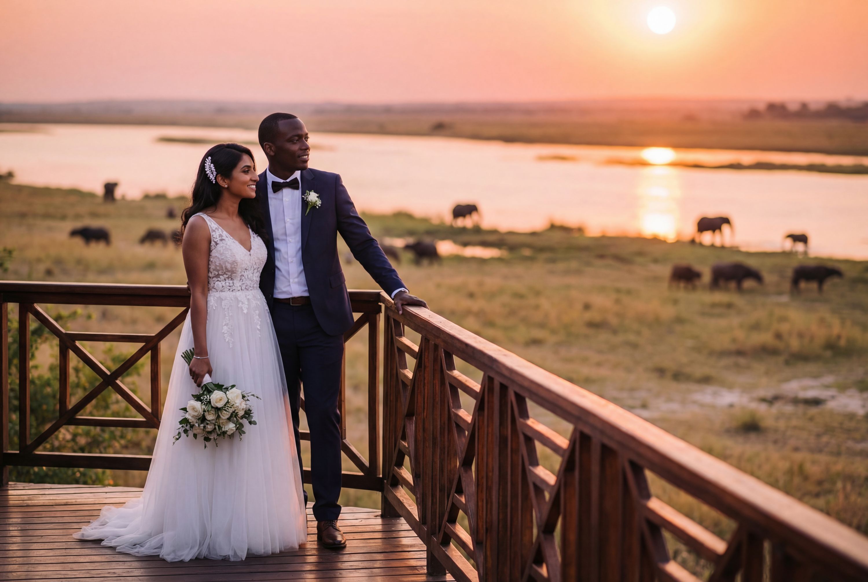 Kasane wedding photography — couple at Chobe River with African safari sunset