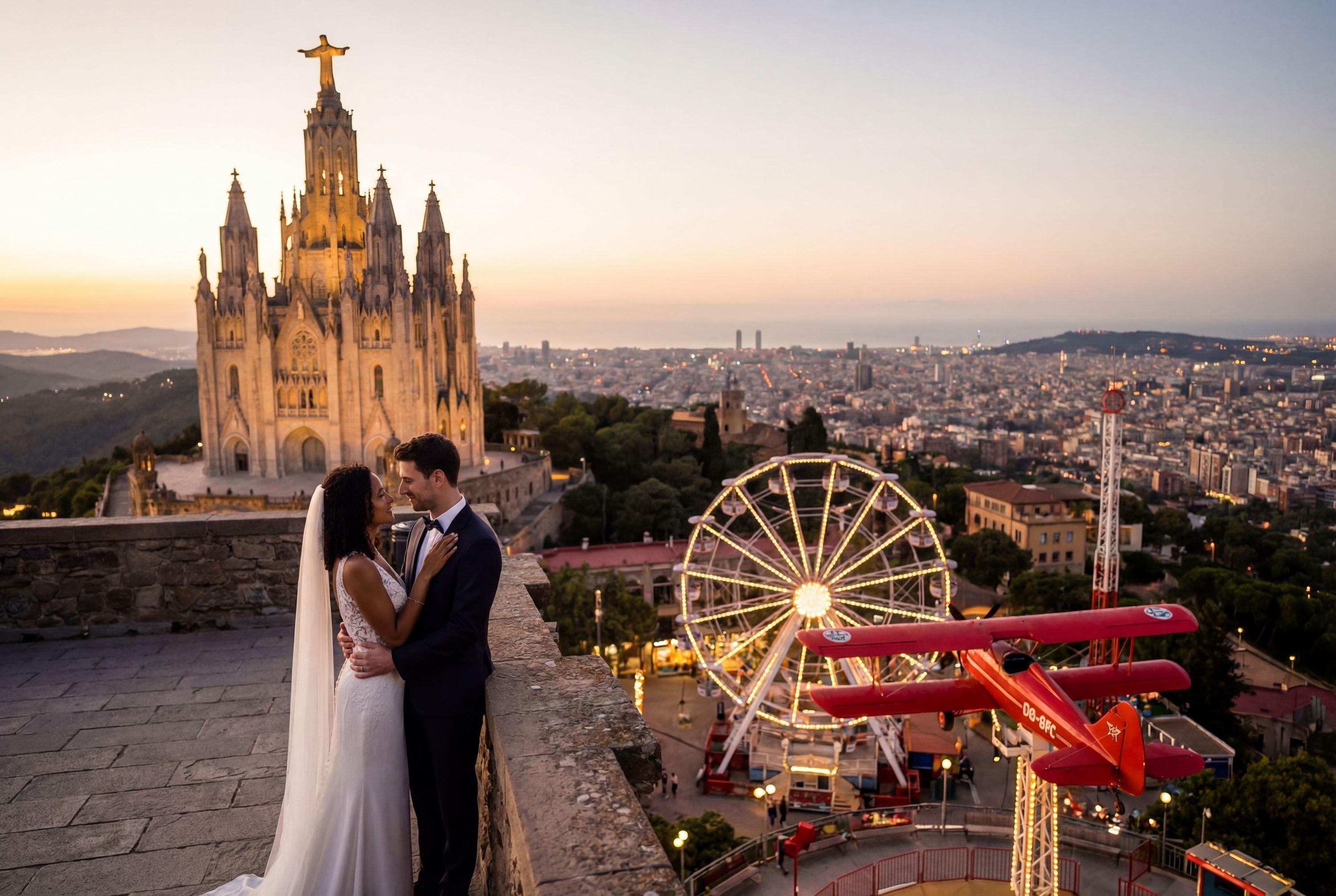 Tibidabo Amusement Park & Sagrat Cor Church wedding photography Barcelona 