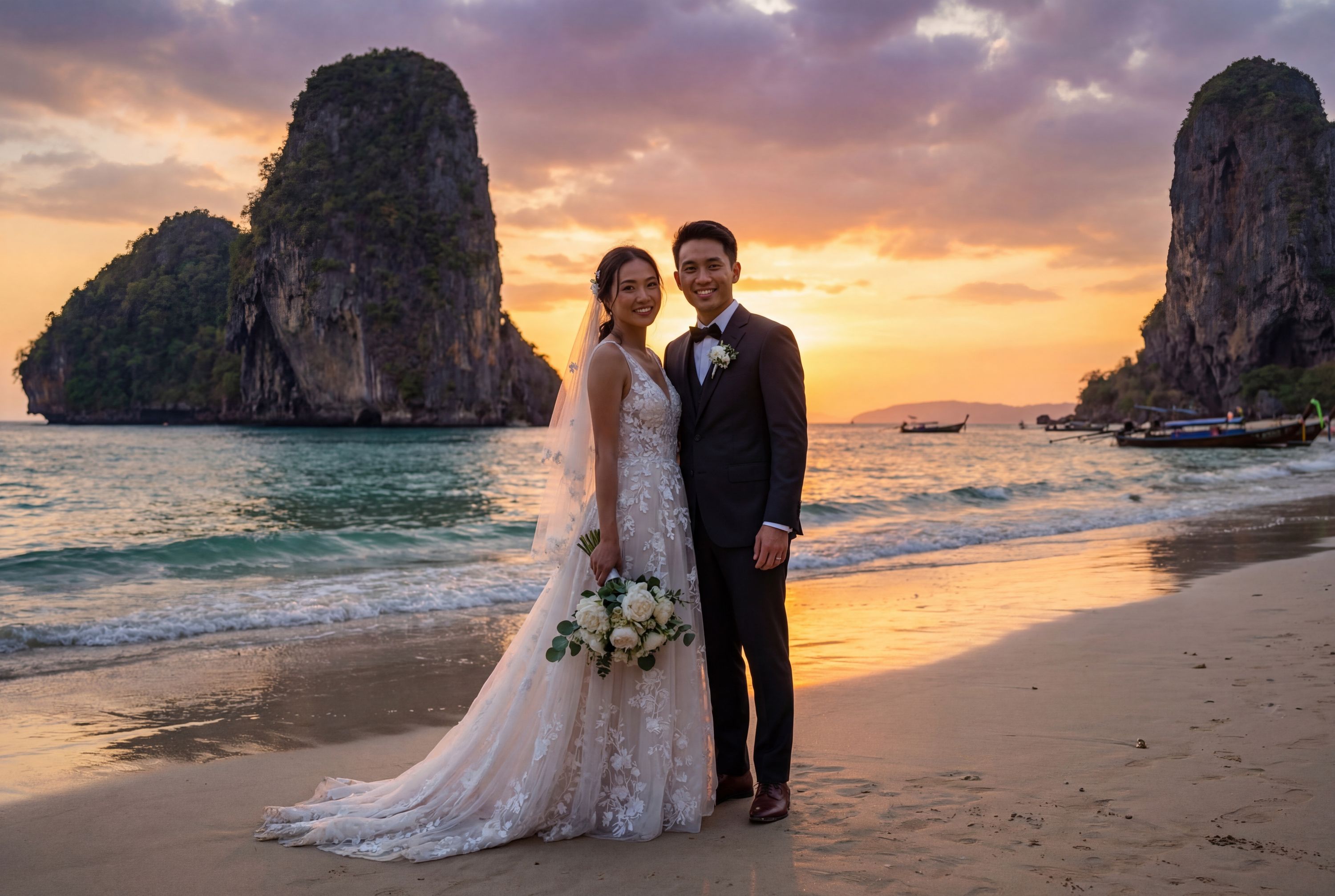 Krabi wedding photography — couple at Railay Beach with dramatic limestone karst cliffs and turquoise Andaman Sea
