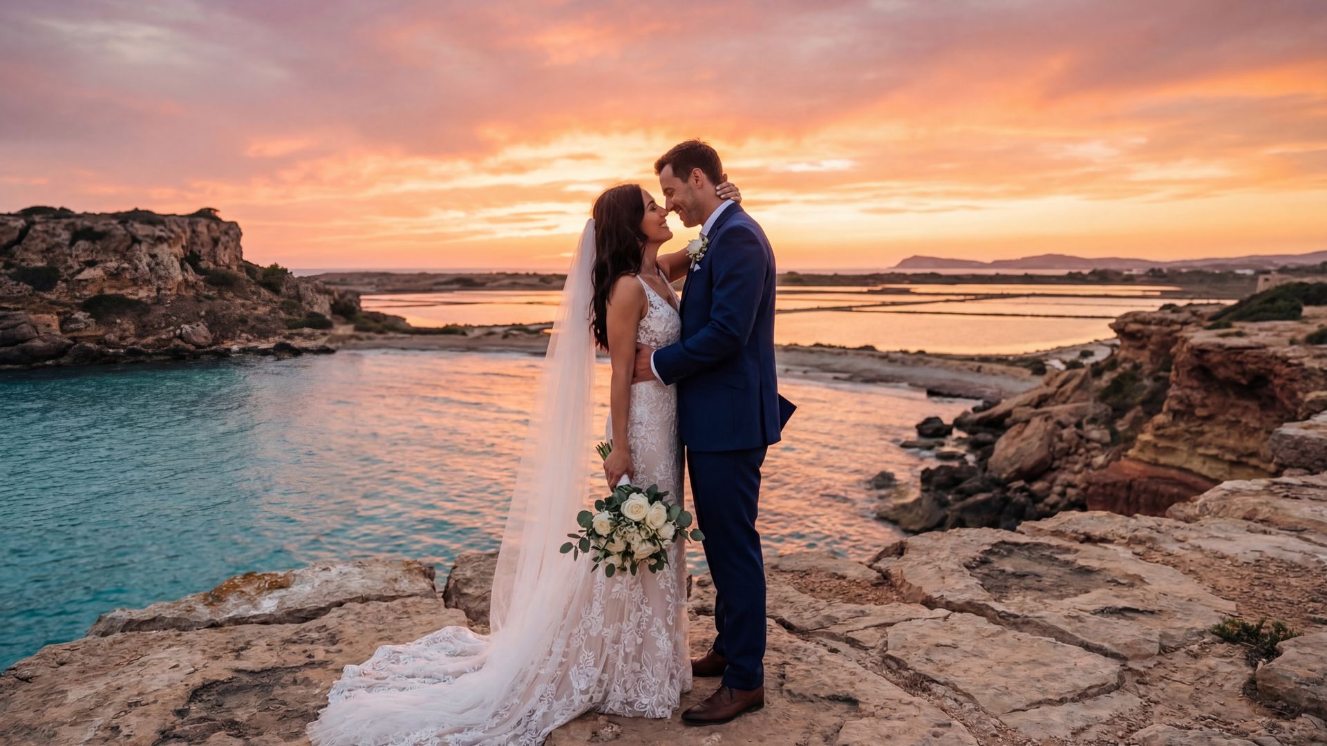 Ibiza wedding photography — couple at Dalt Vila with Mediterranean Sea panorama